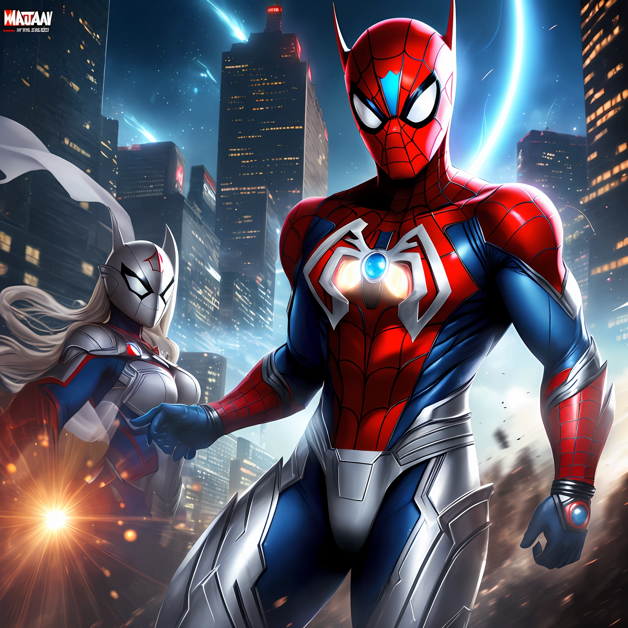 Ultraman, Mortal Kombat, anime style, (Max Quality: Sharpness:Resolution:Detailed) Full Body Shot, (1 Female:Giant:Ultraman:Spider-Man:Batman,Solo, Extremely Showy),Big Breasts, Straight Blonde Hair: in front of the eye: moving in the wind, (facing the viewer), (circular jewel on the chest with strong blue light), helmet: mask of Ultraman, staring at the viewer, smiling, she is in a futuristic city being attacked by aliens.