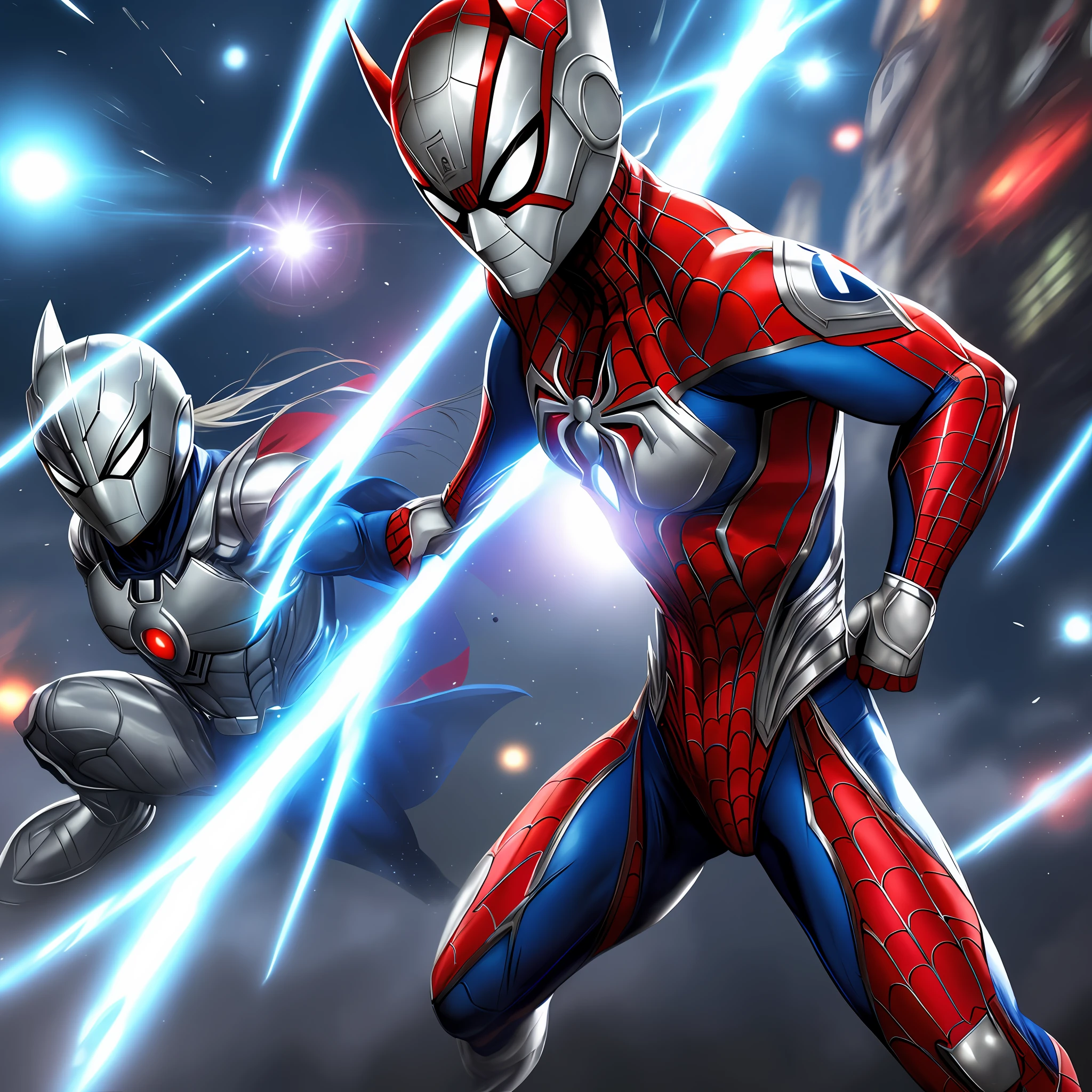 Ultraman, Mortal Kombat, anime style, (Max Quality: Sharpness:Resolution:Detailed) Full Body Shot, (1 Female:Giant:Ultraman:Spider-Man:Batman,Solo, Extremely Showy),Big Breasts, Straight Blonde Hair: in front of the eye: moving in the wind, (facing the viewer), (circular jewel on the chest with strong blue light), helmet: mask of Ultraman, staring at the viewer, smiling, she is in a futuristic city being attacked by aliens.