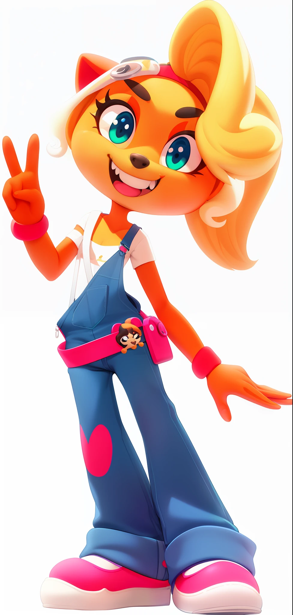 coco bandicoot, (Beautiful portrait:0.875), (adorable:0.945), (curvy figure:0.746), (medium breast:0.745), (thin waist:0.745) (animal ears:0.845), (animal snout (two colored fur (orange and white with black nose):0.845), (overalls (1 strap, short pant legs, blue denim):0.975), (white shirt (pink lined clothes):0.865), (pink sneakers (white lined clothes):0.865), (solo:1.000), (peace sign:0.975), (pink lipstick:0.675), (happy expression (white teeth with cute fang):0.885)