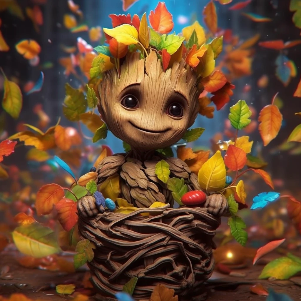 baby groot with colorful eyes and leaves over his head, in the style of photographically detailed portraitures, zbrush, evgeni gordiets, uhd image, oleg shuplyak, michael page, fantastical street