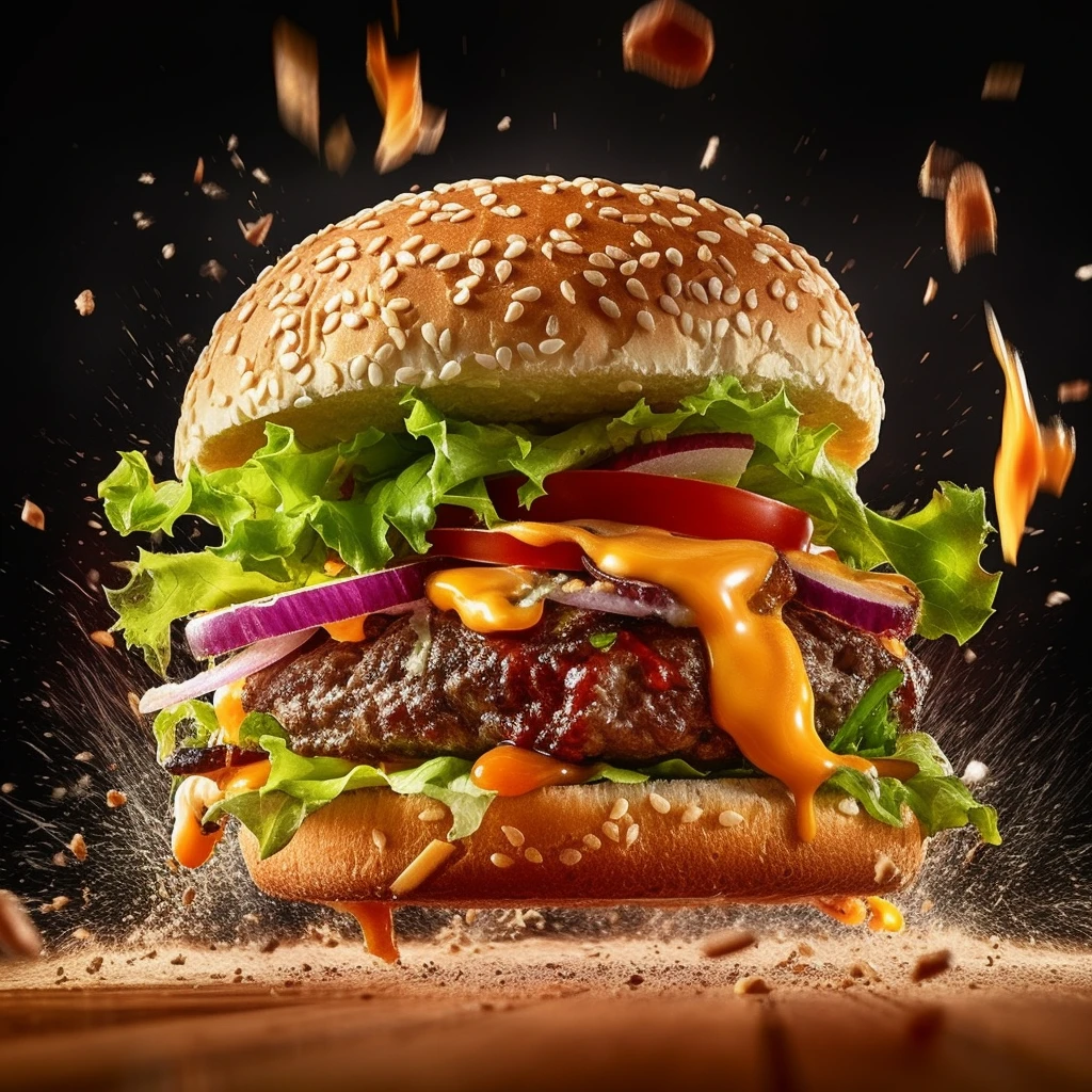 professional food photographer hired to shoot a closeup image of flying burger ingredients, appetizing, highly detailed, mouth watering delicious image, dynamic composition and dramatic lighting