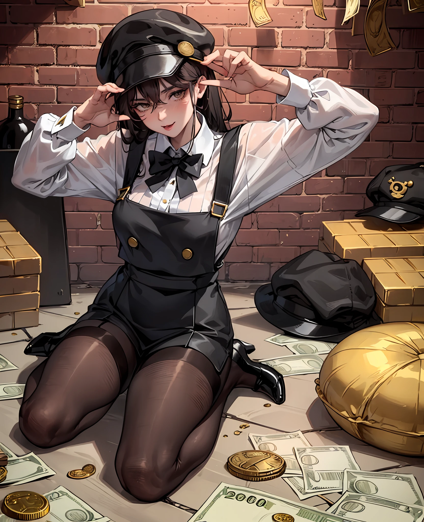 boastful cat wearing suspenders and baker boy hat that is tossing coin, surrounded by overflowing sack of gold and money bills, brick wall, dark aesthetic, cool