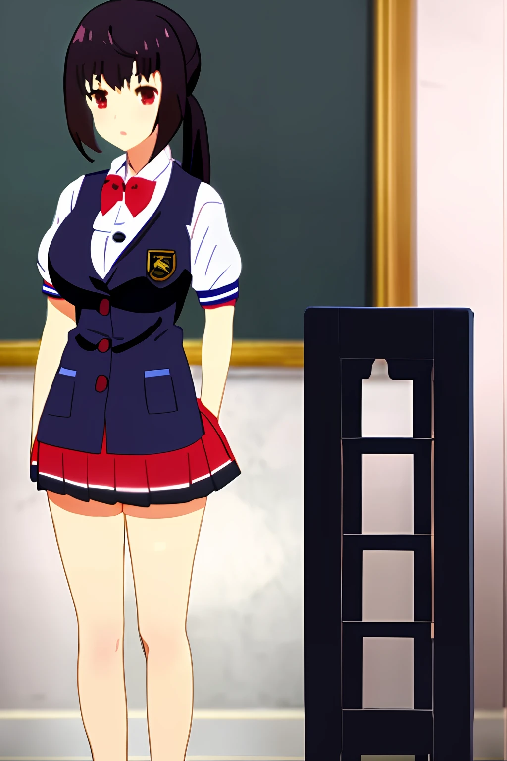 masterpiece, best quality, anime style, shizuku, black hair to waist, ponytail, red eyes, ((big breasts)), (((school uniform))), ((full body)) black skirt, bare legs, women's loafers