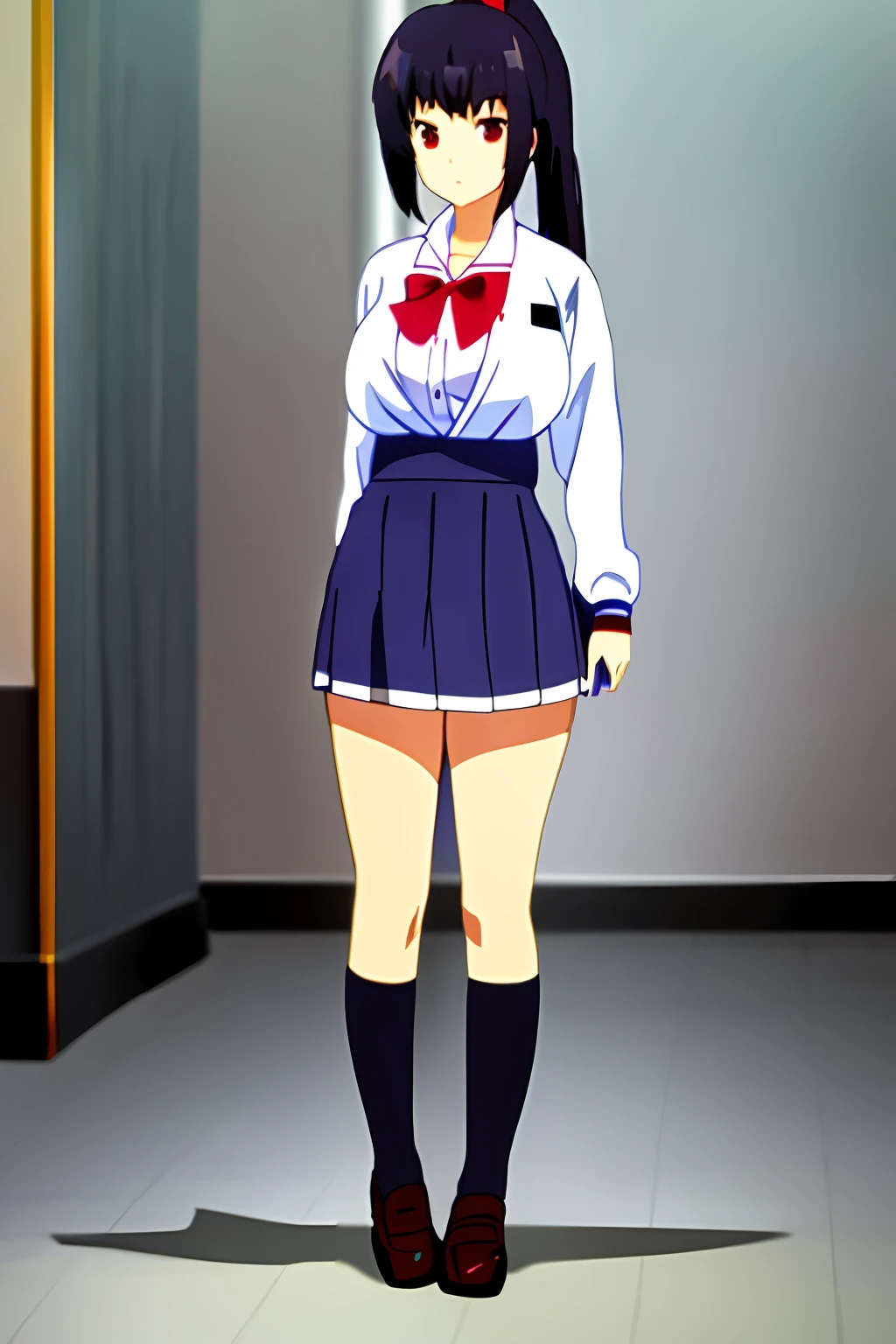 masterpiece, best quality, anime style, shizuku, black hair to waist, ponytail, red eyes, ((big breasts)), (((school uniform))), ((full body)) black skirt, bare legs, women's loafers