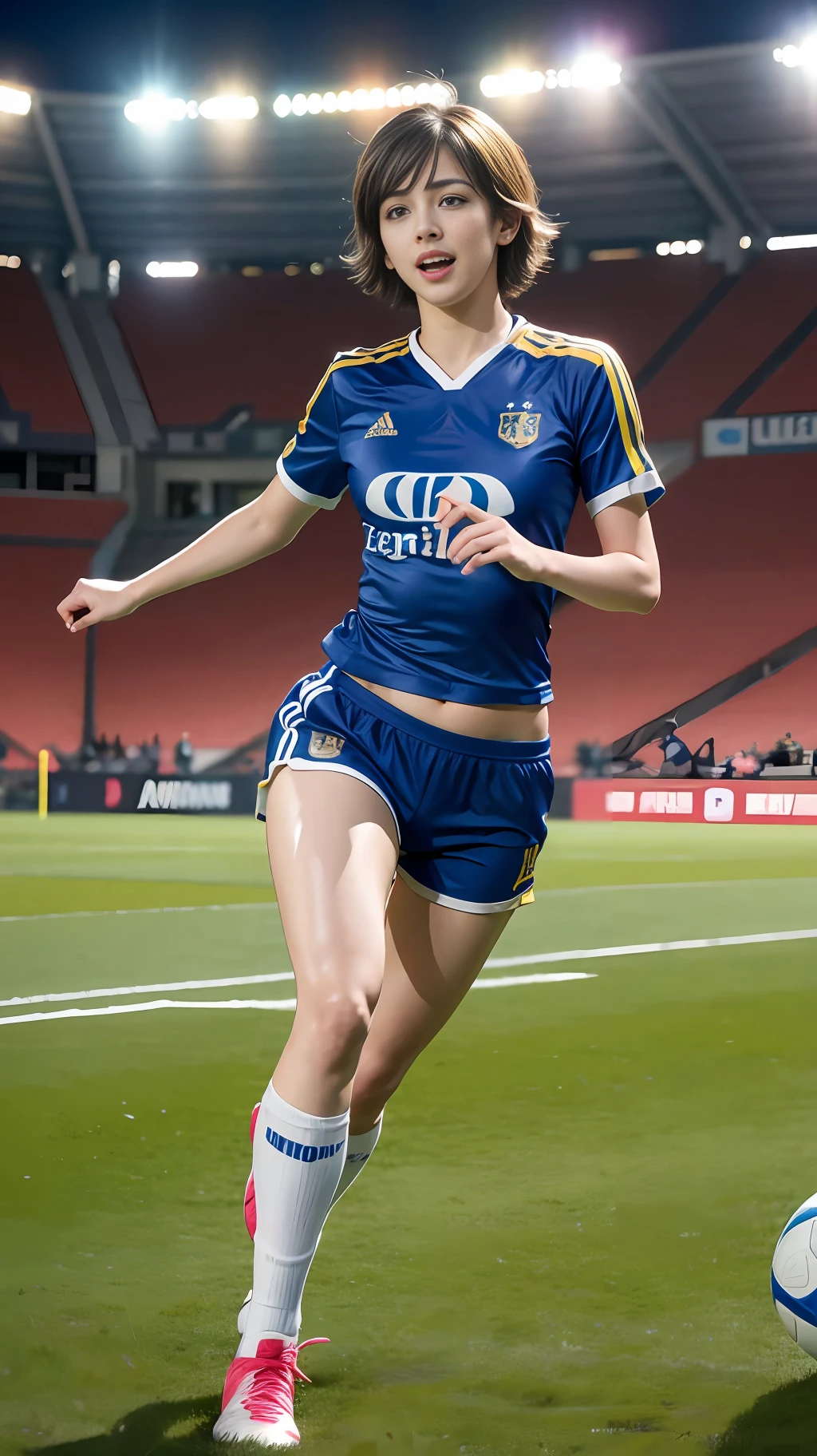 Cute European girl,((Best quality, masterpiece, ultra high res)), (photorealistic:1.4),highly detailed,professional lighting ,smile,Playing football ,in stadium, dark golden hair, short wolf cut hairstyle , cute blue eyes and attractive pink lips, wearing tight football Jersey, and football shorts, futsal boots, sprinting towards the ball, snowy atmosphere, hyper realistic and cinematic, hyper detailed resolution image, 8k graphics, large stadium, full body, hyper close view, night time