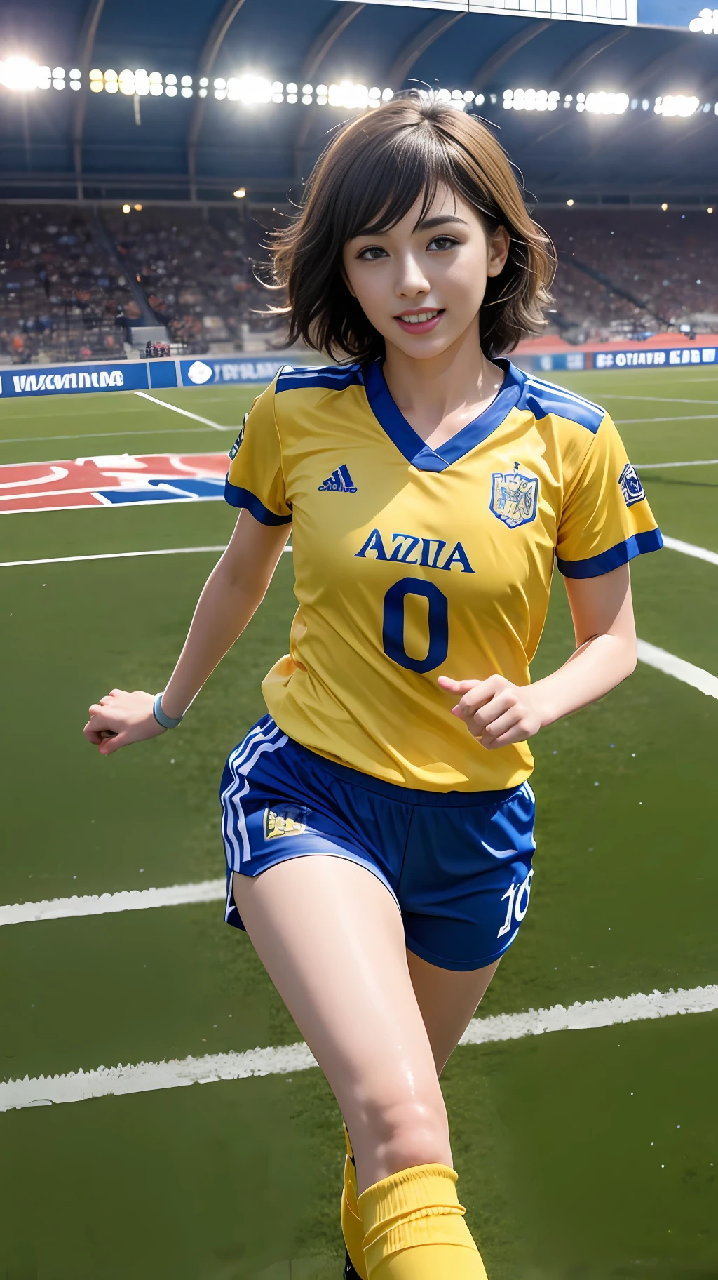 Cute European girl,((Best quality, masterpiece, ultra high res)), (photorealistic:1.4),highly detailed,professional lighting ,smile,Playing football ,in stadium, dark golden hair, short wolf cut hairstyle , cute blue eyes and attractive pink lips, wearing tight football Jersey, and football shorts, futsal boots, sprinting towards the ball, snowy atmosphere, hyper realistic and cinematic, hyper detailed resolution image, 8k graphics, large stadium, full body, hyper close view, night time