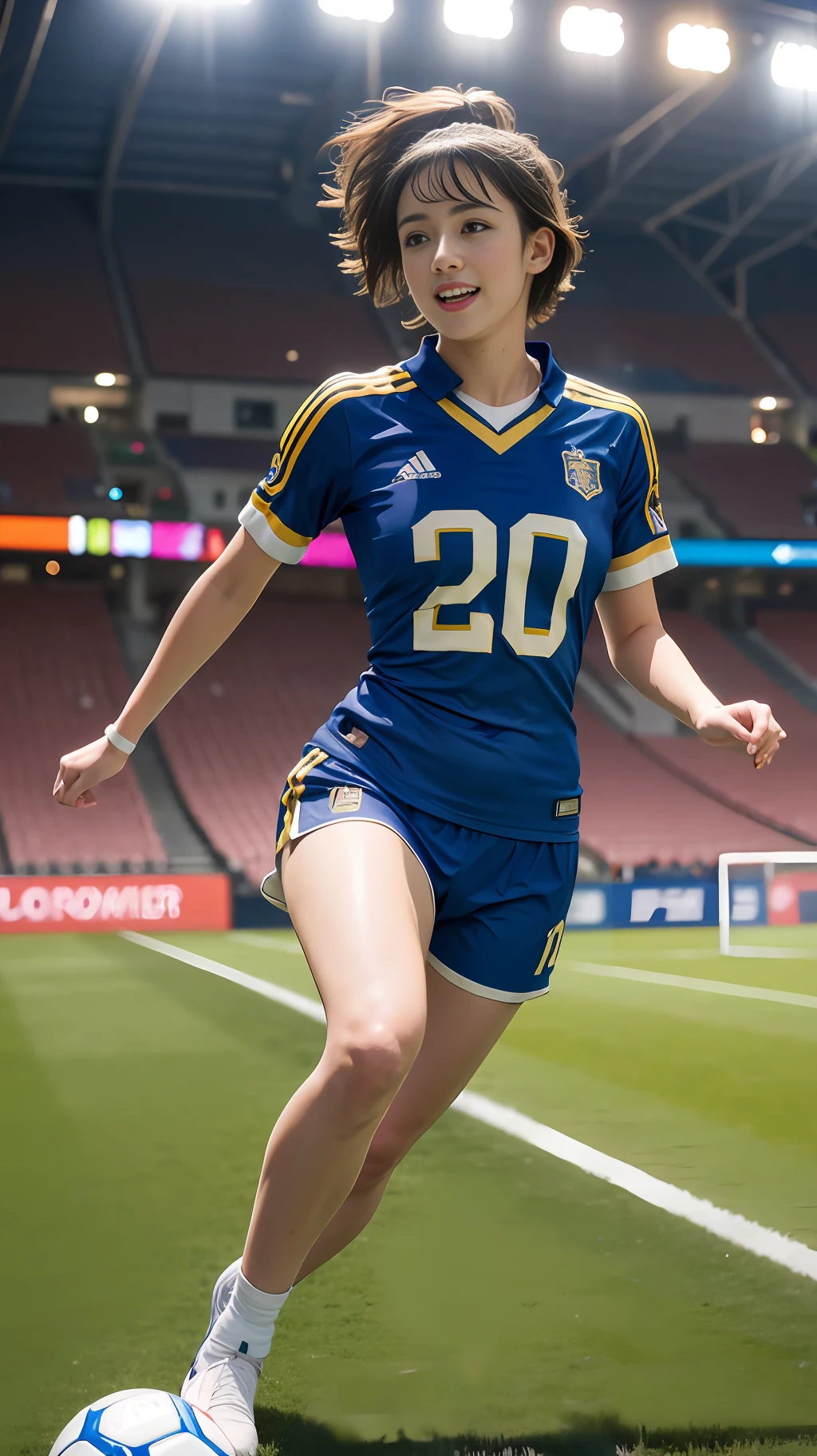 Cute European girl,((Best quality, masterpiece, ultra high res)), (photorealistic:1.4),highly detailed,professional lighting ,smile,Playing football ,in stadium, dark golden hair, short wolf cut hairstyle , cute blue eyes and attractive pink lips, wearing tight football Jersey, and football shorts, futsal boots, sprinting towards the ball, snowy atmosphere, hyper realistic and cinematic, hyper detailed resolution image, 8k graphics, large stadium, full body, hyper close view, night time