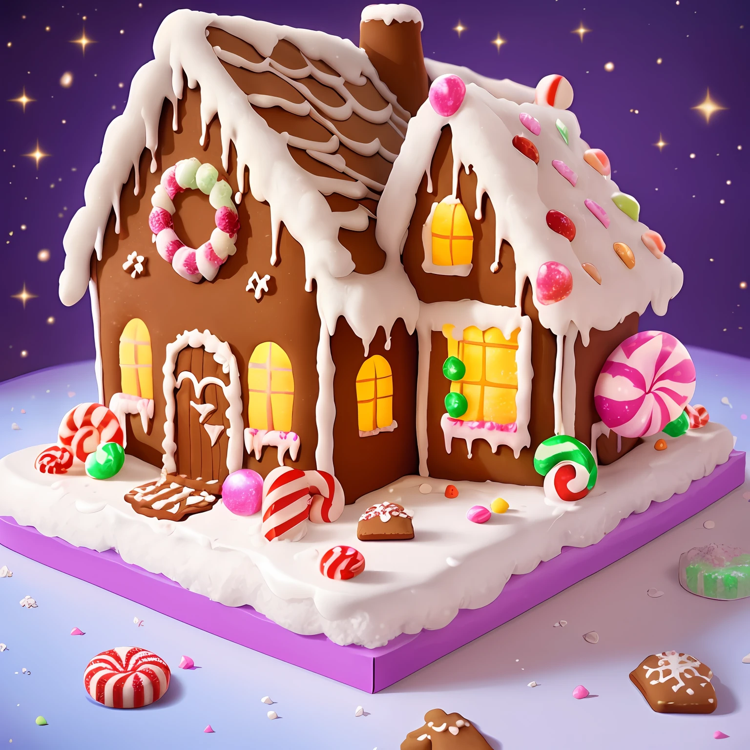 A house made of candy and gingerbread, icing sugar covers the floor, 4K, cartoon, Disney