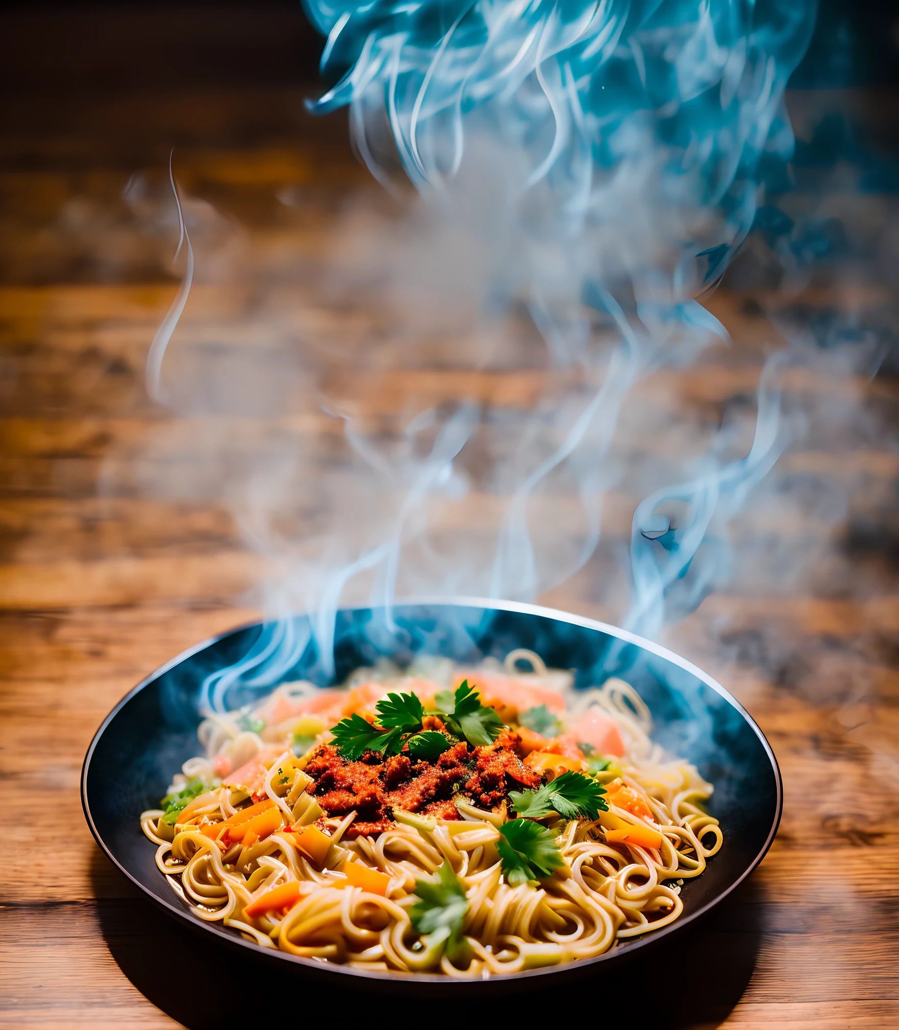 Highly detailed RAW colour photos, spicy noodle, on the table, smoke,  Hasselblad, 135mm, chromatic aberration, god rays, super detail, award winning