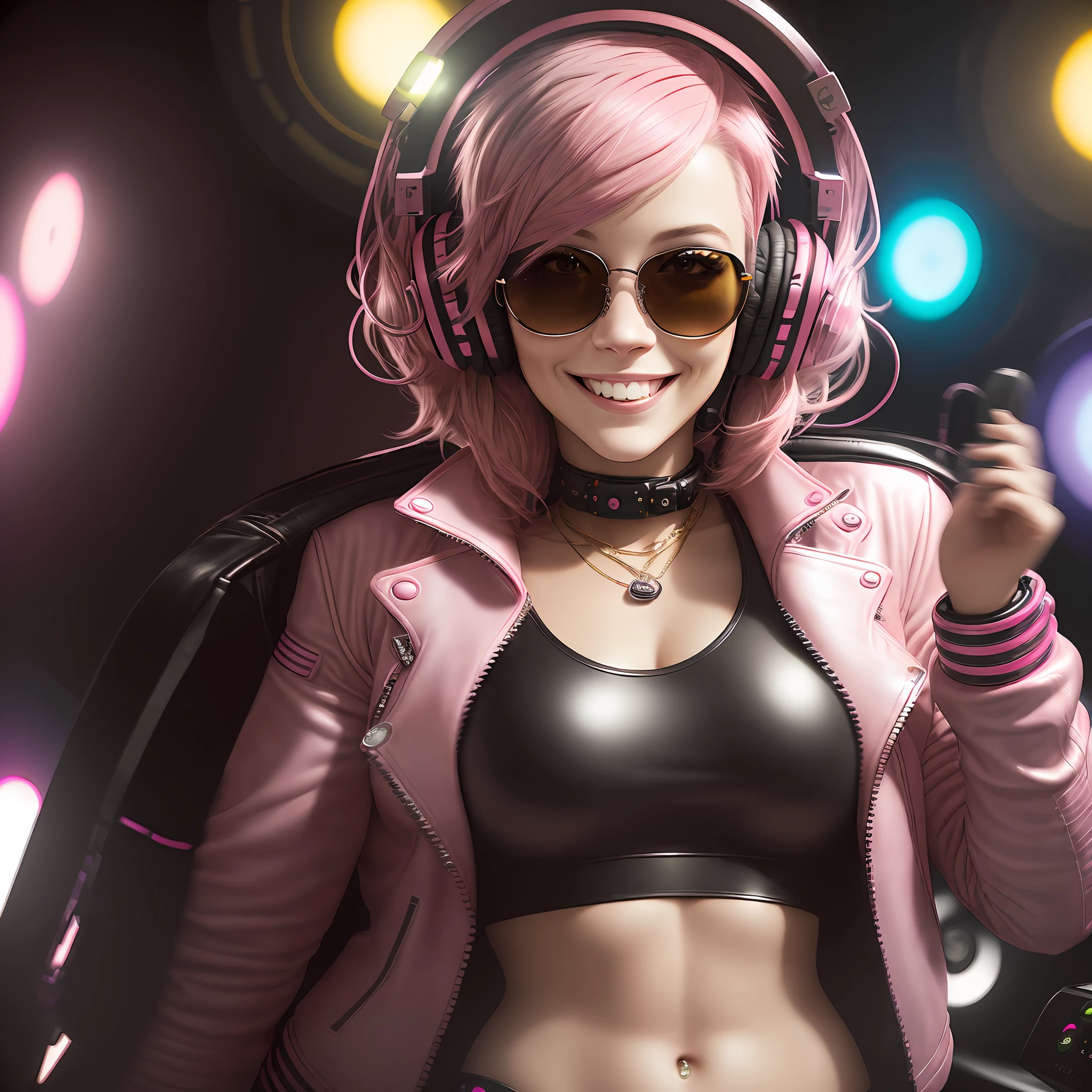 beautiful (smiling:1) woman DJ with (pink hair:1.1) wearing (headphones:1.1) and sunglasses and a leather jacket, deejaying with turntables while dancing, colorful disco lights, (skindentation:1.2),(perfect photorealistic face:1.3), (hyper-realistic:1.2), rule of thirds golden ratio, cinematic, absurdres