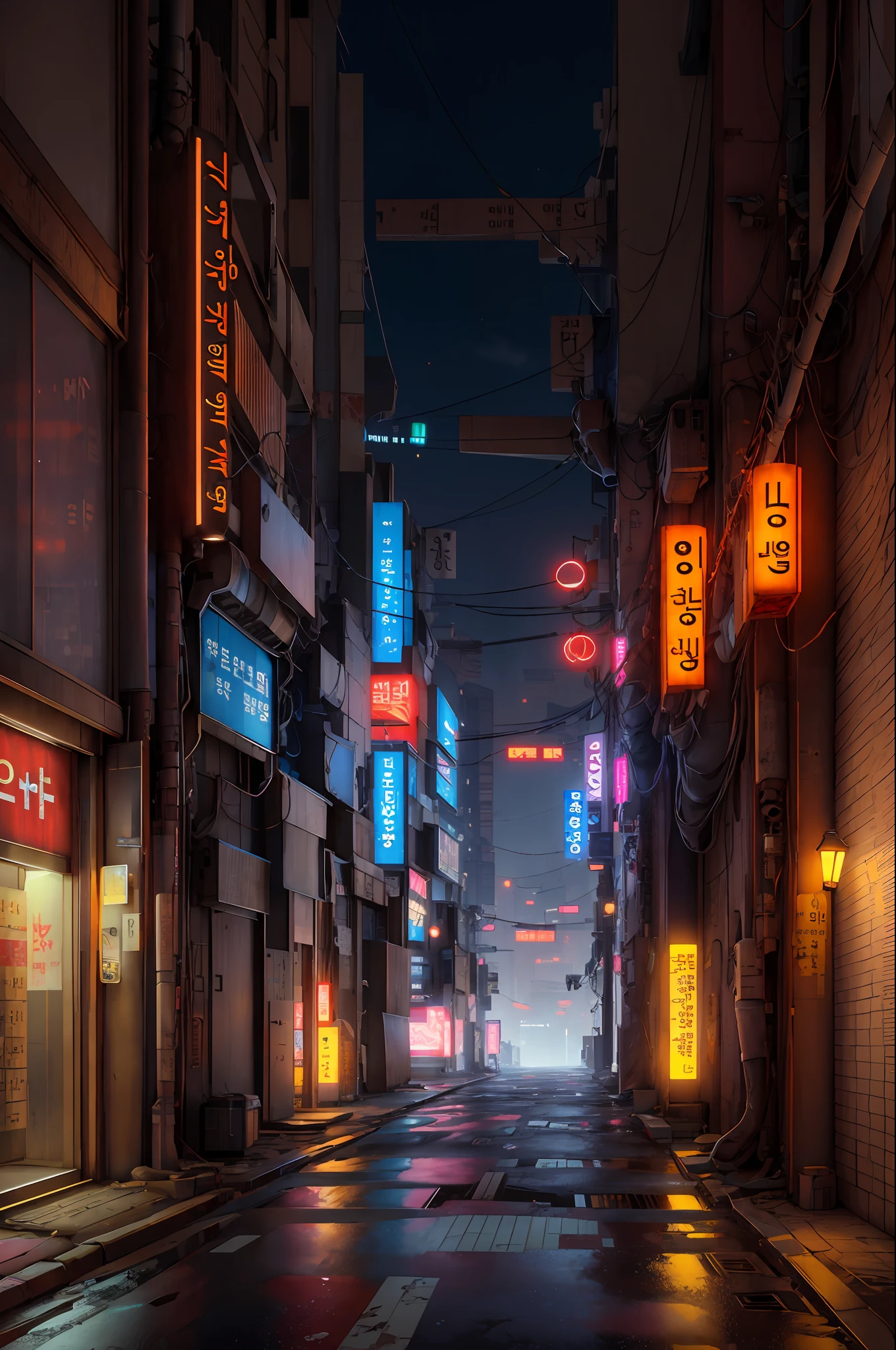 lonely ally in Seoul, cyberpunk city from sci-fi movie, empty street, Korean, Korean signs, intricate, hyper-detailed, realistic, ultra-realistic, high quality, ultra detail, crazy detail, photo realism, 8k