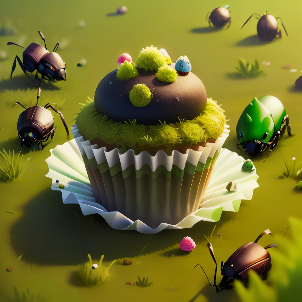 realistic. cupcake hill, with green moss on top. small candies are scattered in the grass. ants run around with leaves in their mandibles