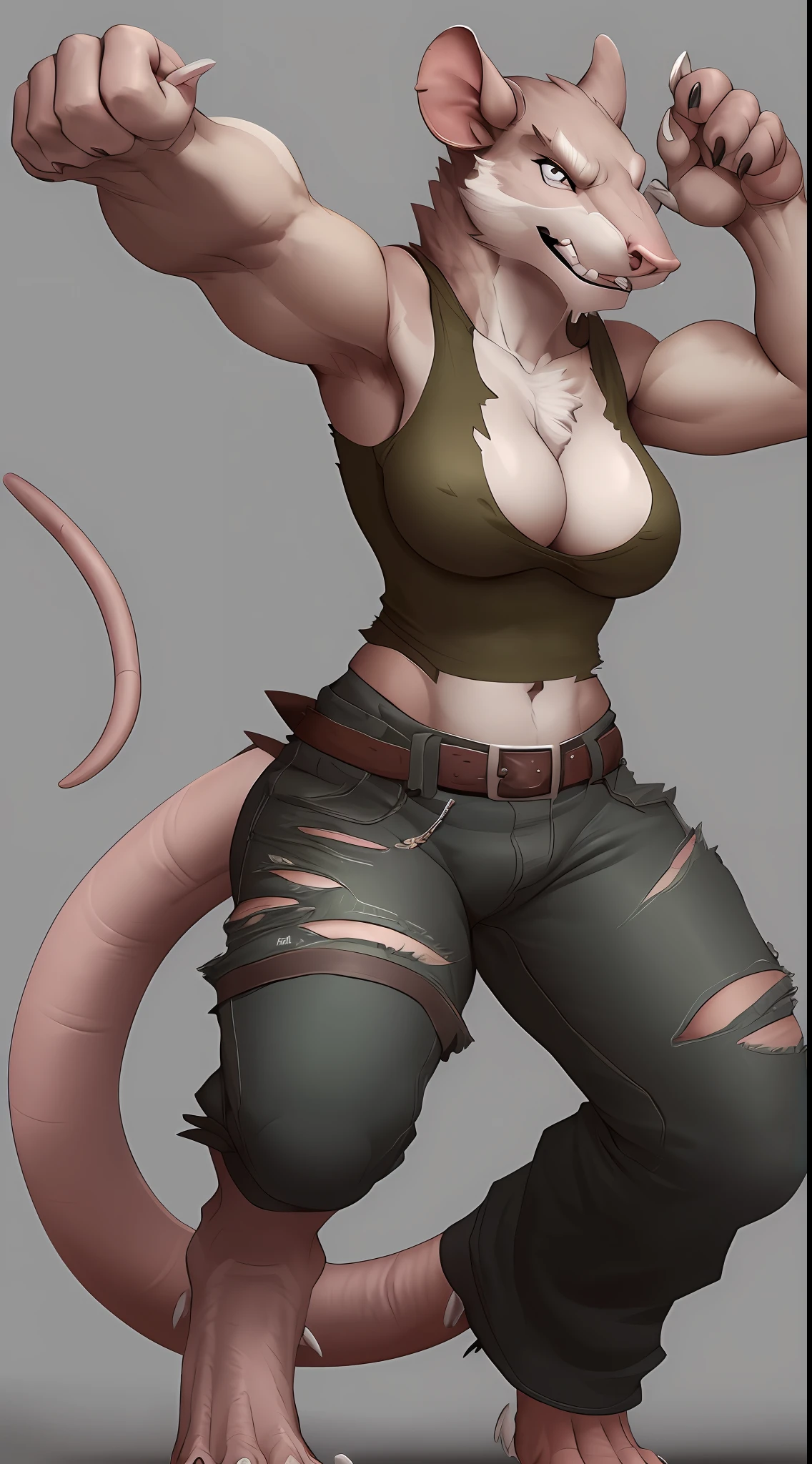 (Rat), (brown fur), antro, (wearing torn tunic), (wearing cotton pants), high detail, , high resolution, raw photo, gray background, cleavage, 1girl, solo, big breasts, high quality, hi res, sharp, detailed body, detailed, cartoony, ((claws out)), ((looking at viewer)), (angry), mad, t full body, whole body, ((full body portrait)), far away, (((full body concept))), weapon pose, claw pose, attack pose, battle pose, average body, slim, weak, thin, skinny, torn shirt, torn tunic, ripped clothes, ripped clothing, torn clothes