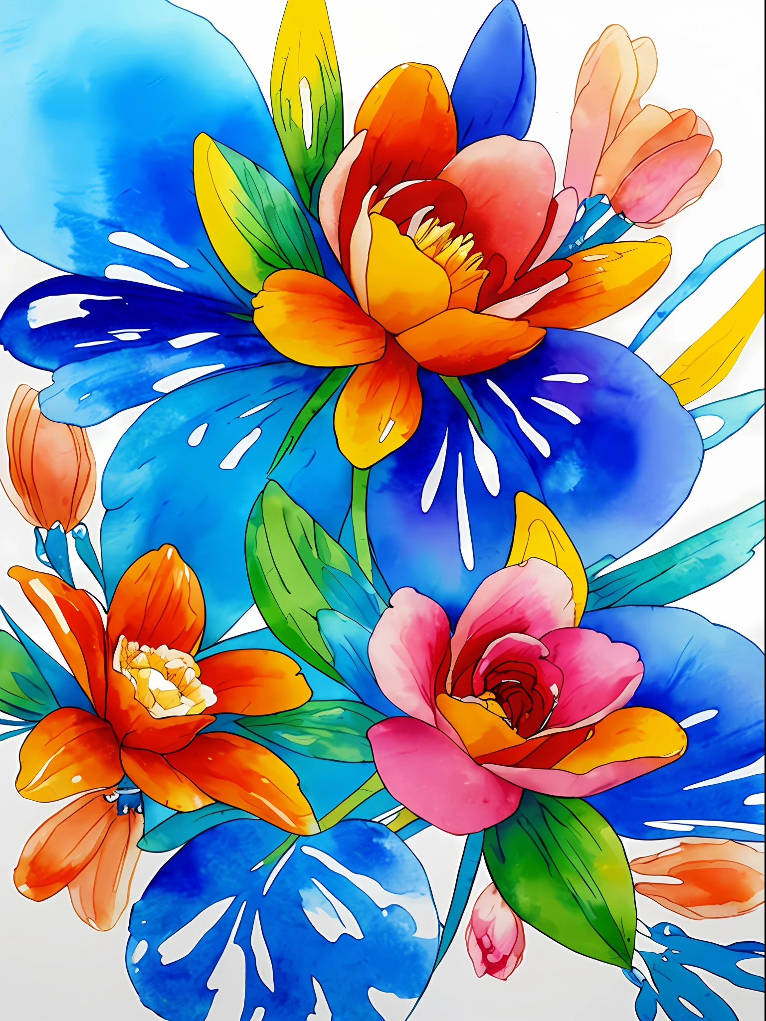 watercolor, flower, blue and orange, beautiful, size
3:3 ,watercolor style, flower and leaf patterns, wet in wet technique, mute, indigo, fabric design, flat illustration, highly detailed cleaning, vector image, masterpiece, professional, isometric, bright vector, black background, dry brush, brushstrokes, painted on canvas, by J.M.W. Turner. expressive marks.