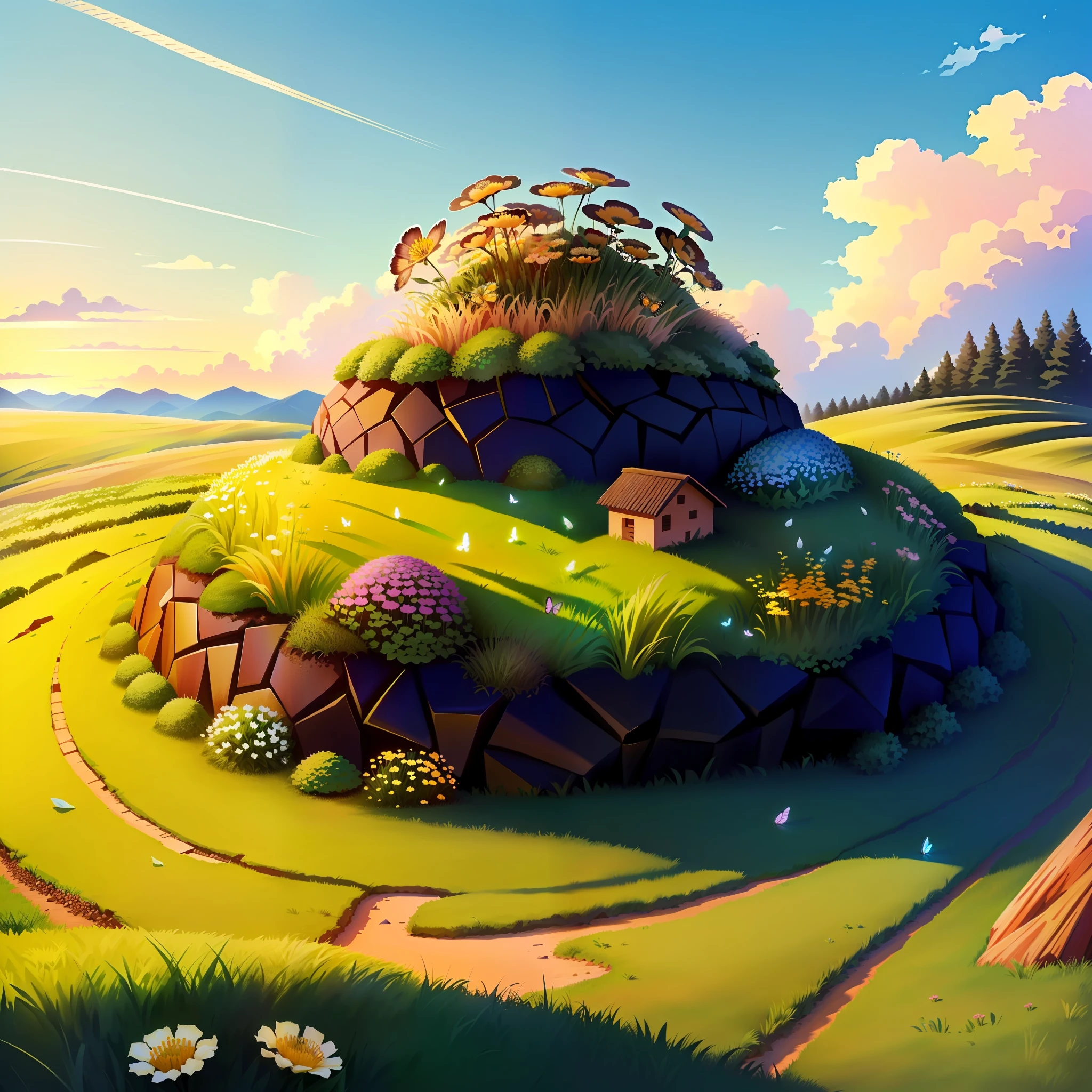 Realistic. hill-shaped anthill, with green grass on top. Small flowers look like candy scattered in the grass. On the edge of an anthill sits a butterfly.