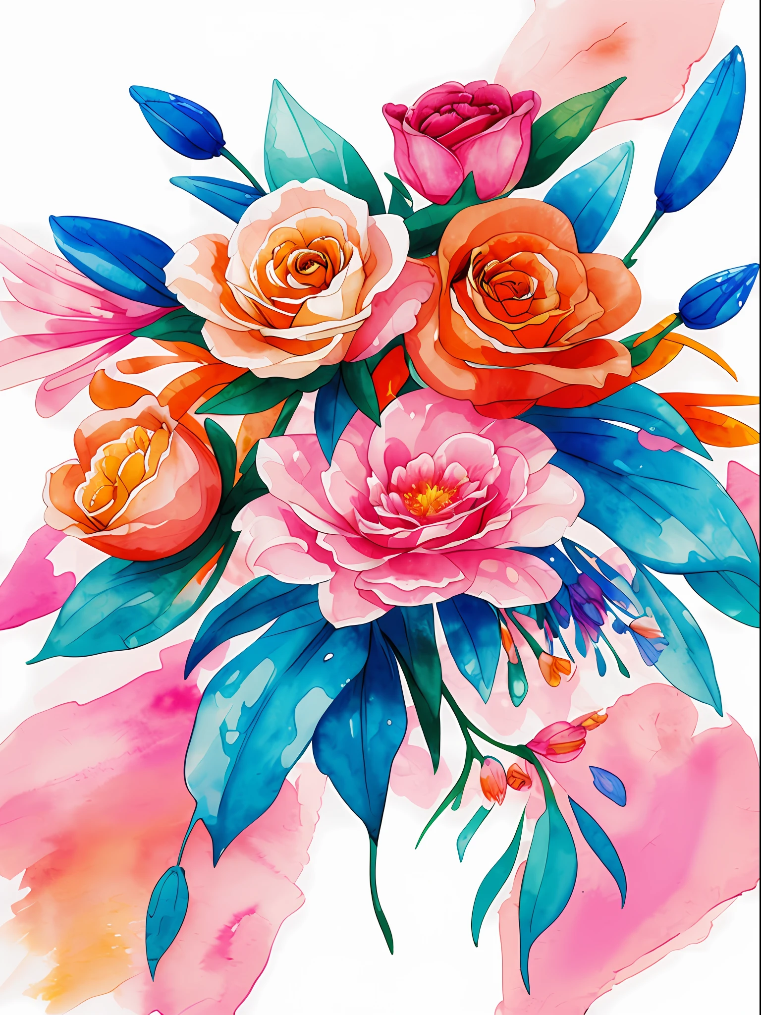 watercolor, flower, pink and orange, beautiful, watercolor style, flower and leaf patterns, wet in wet technique, mute, indigo, fabric design, flat illustration, highly detailed cleaning, vector image, masterpiece, professional, isometric, bright vector, white background, dry brush, brushstrokes, painted on canvas, by J.M.W. Turner. expressive marks.