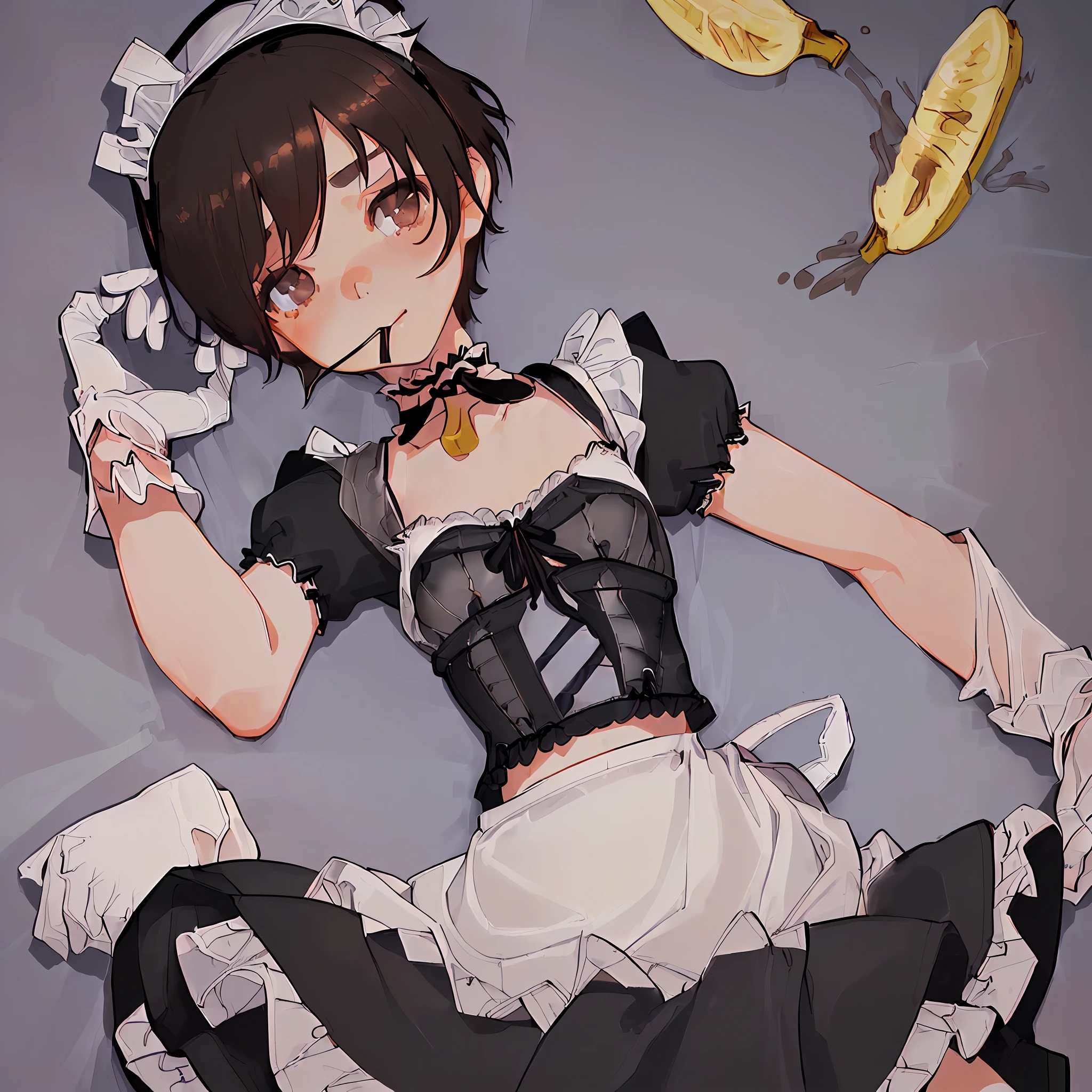 trans maid, light brown eyes, extremely handsome human face of eighteen--old girl, innocent look, extremely beautiful and feminine, detailed eyes, beautiful eyes, short, small, full hips, ((((small bust))), ((((light neckline showing))), very elegant, loli clothing, ((((bright black bustier))), short skirt, (((maid clothing aesthetics))), functional and practical aesthetics, dark brown hair, short hair, sweet, cheerful, loving, kind, helpful, one person, (((1boy))), cotton, ((((apron))), (((white gloves))), thighs, white ruffle in bustier, headband of white ruffles, sleeves of ruffles attached, choker, belly showing, sucking banana with cream