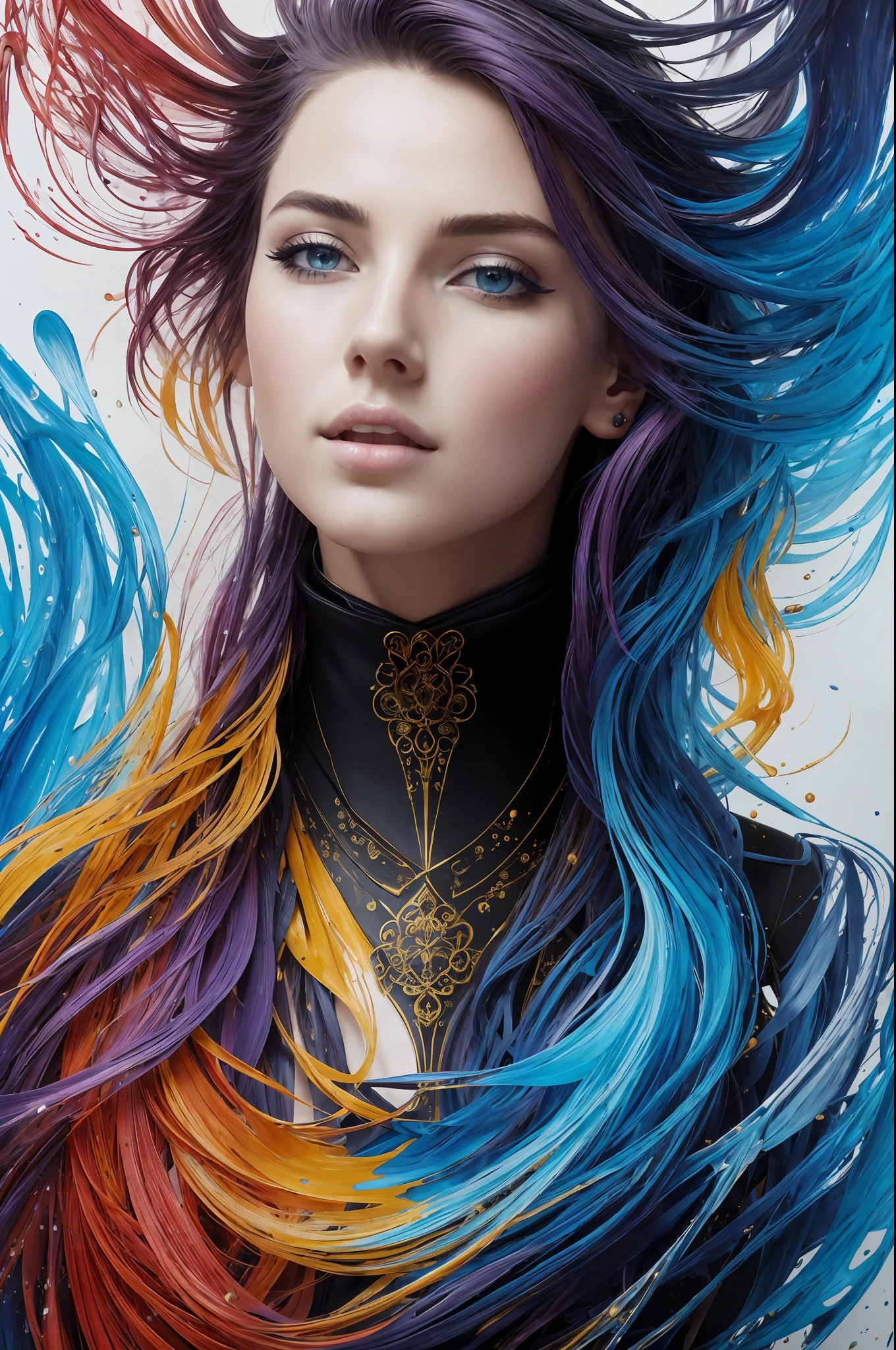 Colorful beautiful girl: a giru 28-years old, messy hair, oil painting, nice perfect face with soft skinice perfect face, blue yellow colors, light purple and violet additions, light red additions, intricate detail, splash screen, 8k resolution, masterpiece, cute face,artstation digital painting smooth veryBlack ink flow: 8k resolution photorealistic masterpiece: intricately detailed fluid gouache painting: by Jean Baptiste Mongue: calligraphy: acrylic: watercolor art, professional photography, natural lighting, volumetric lighting maximalist photoillustration: by marton bobzert:, complex, elegant, expansive, fantastical,  wavy hair, vibrant, Best quality details, realistic, High definition, High quality texture, epic lighting, Cinematic film still, 8k, soft lighting, anime style, masterful playing card border, random Colorful art, oil painting, blue yellow colors, light purple and violet additions, light red additions, intricate detail, splash screen, 8k resolution, masterpiece, artstation digital painting smooth veryBlack ink flow: 8k resolution photorealistic masterpiece: intricately detailed fluid gouache painting: by Jean Baptiste Mongue: calligraphy: acrylic: watercolor art, professional photography, natural lighting, volumetric lighting maximalist photoillustration: by marton bobzert:, complex, elegant, expansive, fantastical, vibrant