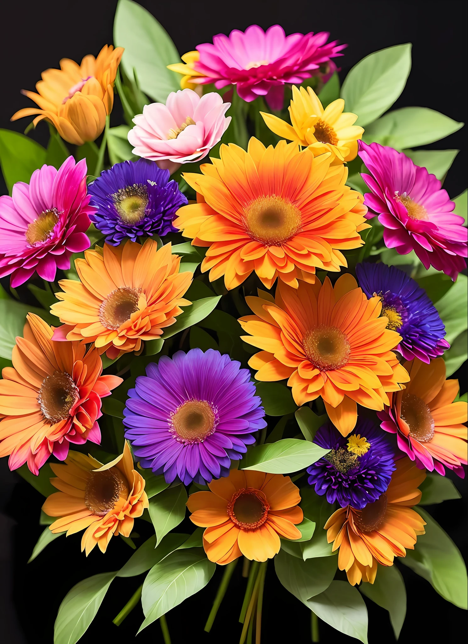 a close up of a bouquet of flowers on a black background, a digital painting by Radi Nedelchev, behance contest winner, process art, floral flowers colorful, magical colorful flowers, colorful flowers, brightly colored flowers, with colorful flowers and plants, with colored flowers, strong and vibrant colors, rich flower colors, floral motives, in style of digital illustration