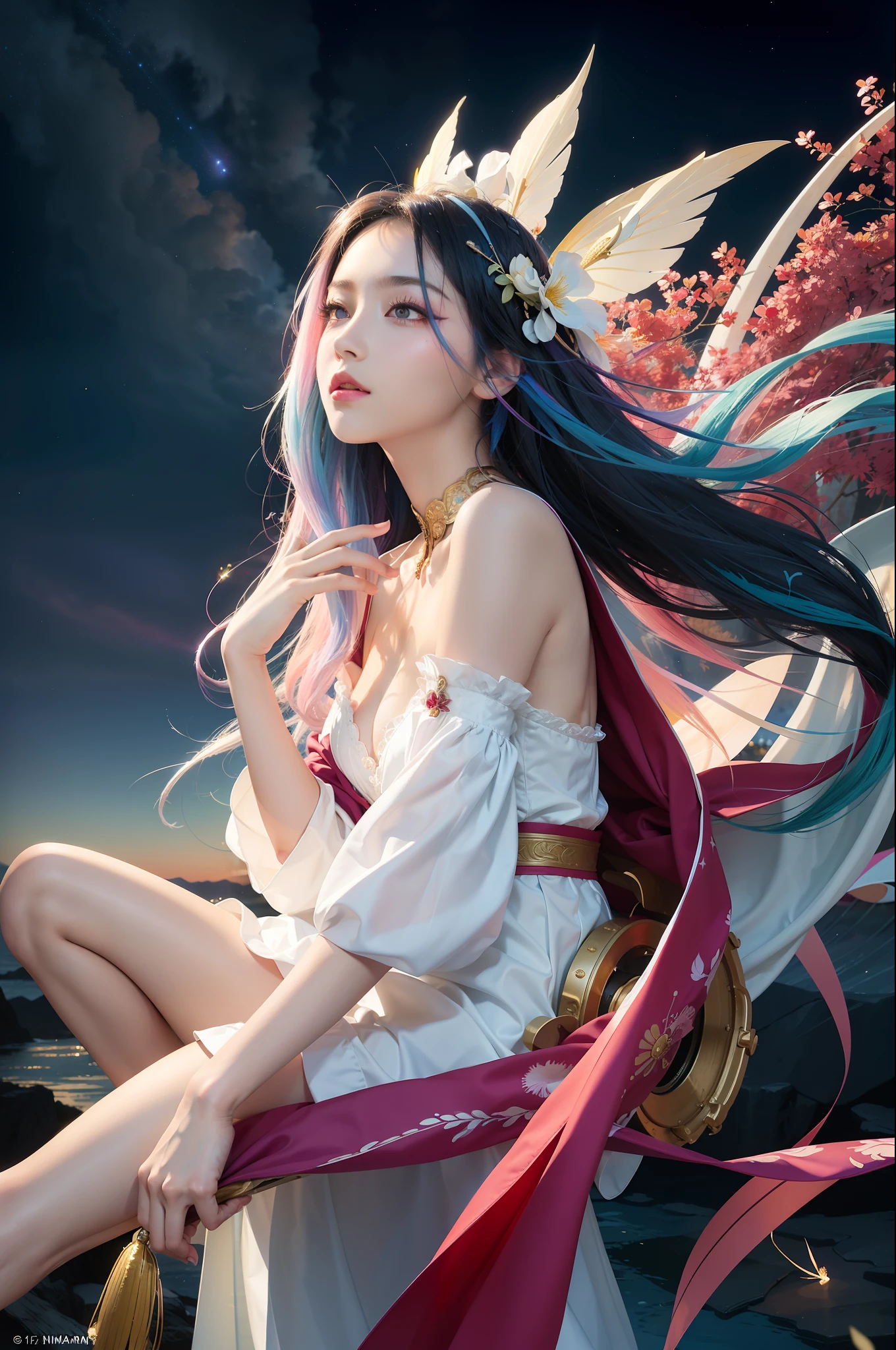 (Masterpiece, Top Quality, Best Quality, Extreme Detail, Supreme Detail, Official Art, Beauty and Aesthetics: 1.2), Colorful, Denim Shot, Upper Body Shot, Beautiful Face, Solo, Perfect Body, On Sky Clouds, Flying in the Sky, Portrait of a Girl, Silver Gradient Hair, (Black Hair|Light Blue Hair| Pink hair: 1.2), fairy, flowing streamers, sun rays, clouds, full body, hanfu, Chinese clothes, white dress, water, fireflies, night, starry sky, jewelry, feathers on dresses, peacock feathers, light particles, volumetric lighting, ray tracing (flowing streamers: 1.1), (fantasy novels: 1.2), illuminators, stars, fantasy, high contrast, ink strokes, overexposure, purple and red tone impressions, abstract, (watercolor paintings by John Berkey and Jeremiman)) brush strokes,