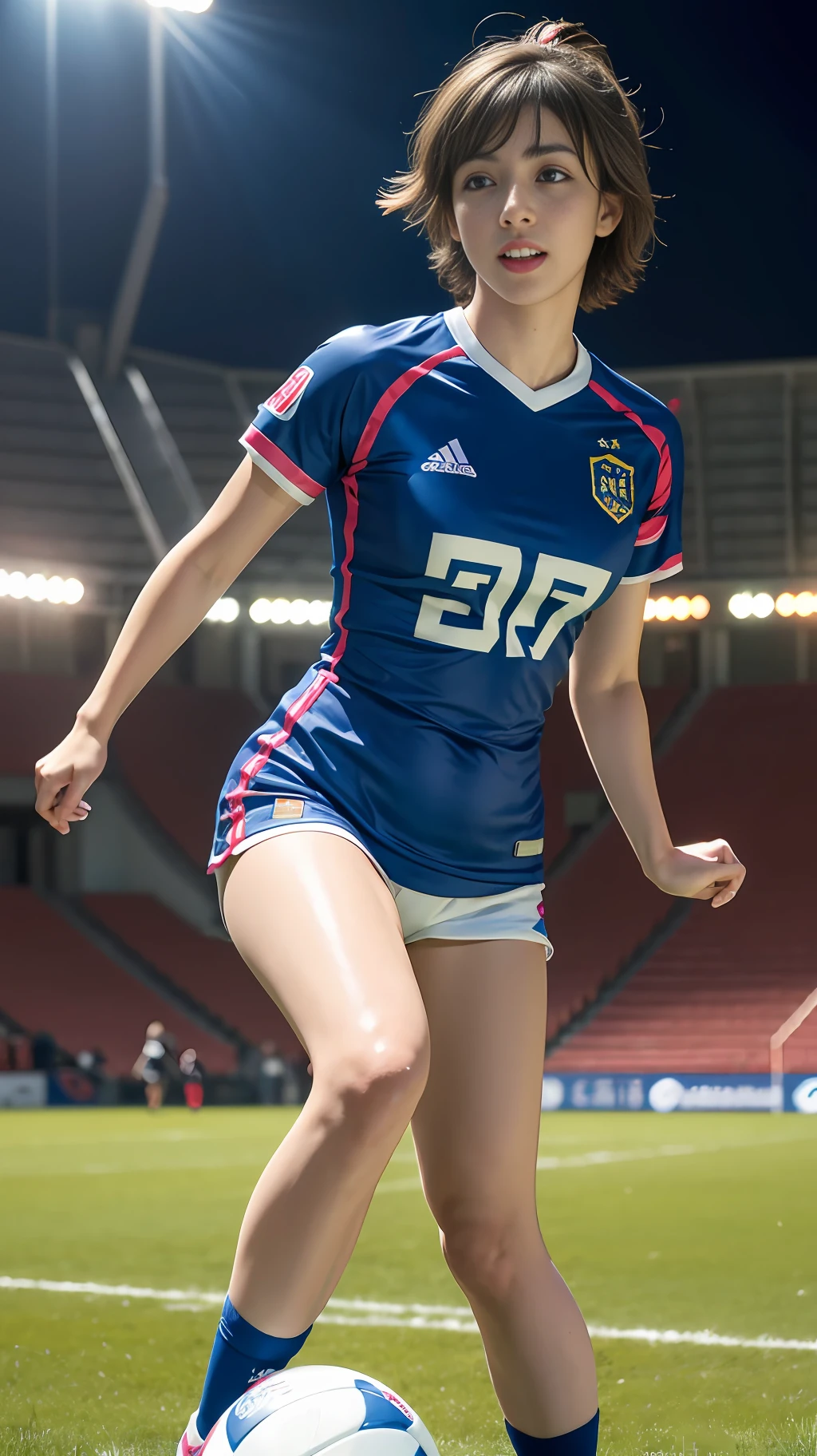 Cute European girl,((Best quality, masterpiece, ultra high res)), (photorealistic:1.4),highly detailed,professional lighting ,smile,Playing football ,in stadium, dark golden hair, short wolf cut hairstyle , cute blue eyes and attractive pink lips, wearing tight football Jersey, and football shorts, futsal boots, sprinting towards the ball, snowy atmosphere, hyper realistic and cinematic, hyper detailed resolution image, 8k graphics, large stadium, full body, hyper close view, night time