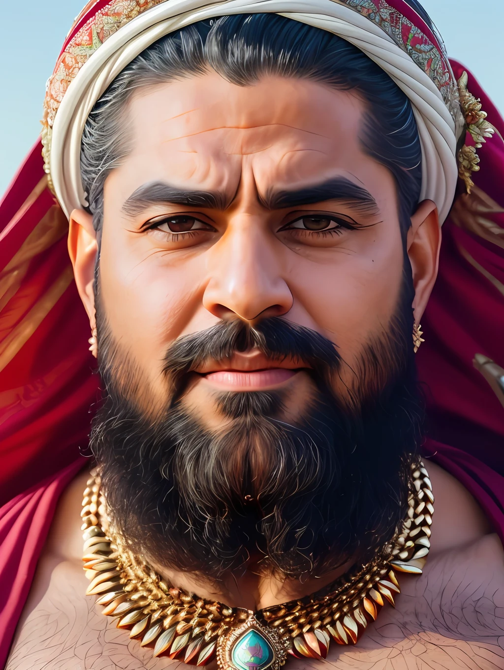 A photorealistic portrait of an insanely handsome chiseled Persian  man dressed with rich Persian clothes and jewelry, wondering as he looks slightly up at the sky in the desert, short messy hair, white beard, a colorized photo by Jesse Richards, instagram contest winner, maximalism, masculine, handsome, grotesque, photograph, detailed symmetric realistic face, extremely detailed natural texture, peach fuzz, long hair, masterpiece, absurdres, nikon d850 film stock photograph, kodak portra 400 camera f1.6 lens, extremely detailed, amazing, fine detail, hyper realistic lifelike texture, dramatic lighting, unrealengine, trending on artstation, cinestill 800 tungsten, looking at the viewer, photo realistic, RAW photo, TanvirTamim, high quality, highres, sharp focus, extremely detailed, cinematic lighting, 8k uhd,-imagine-