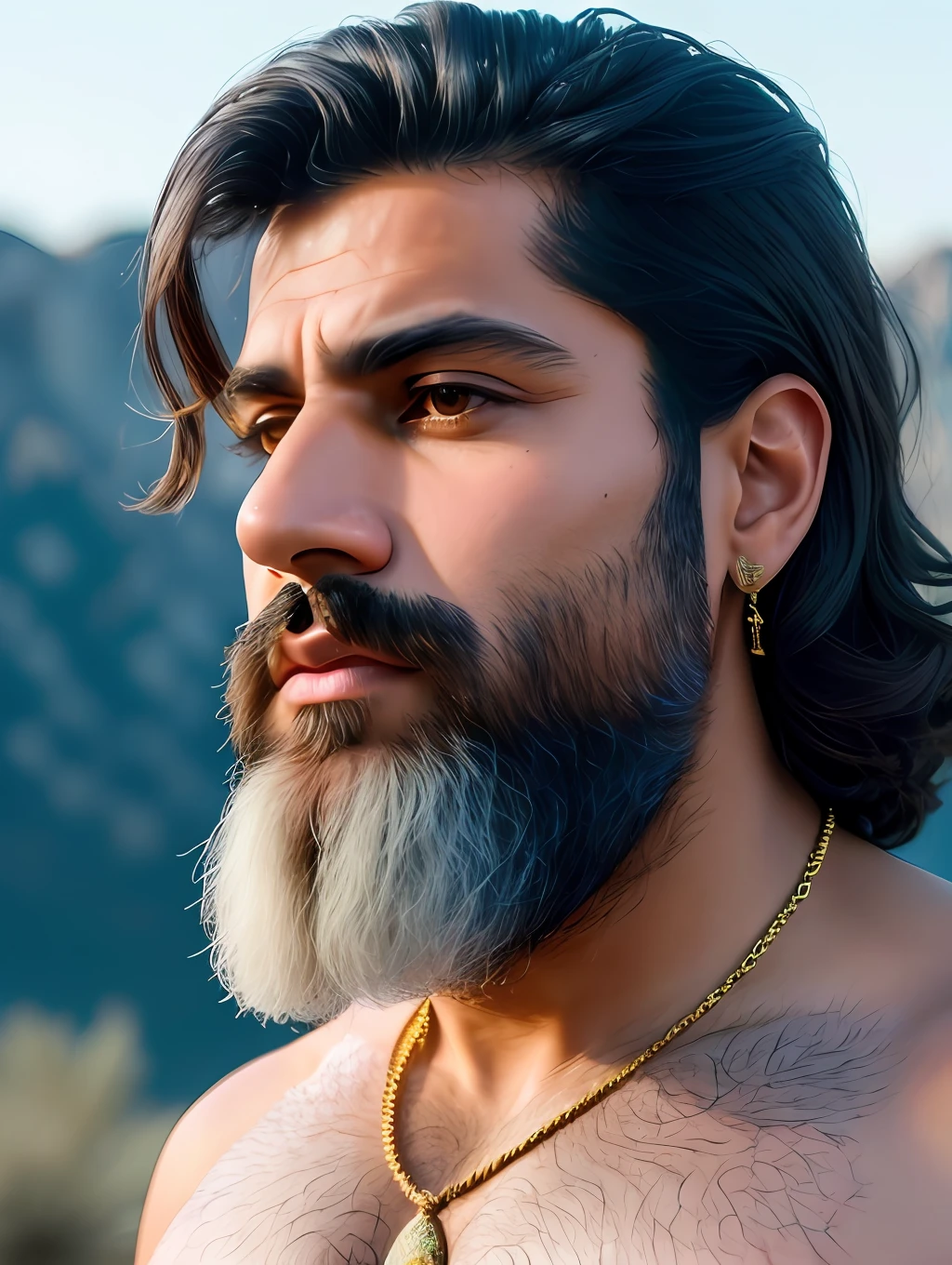 A photorealistic portrait of an insanely handsome chiseled Persian  man dressed with rich Persian clothes and jewelry, wondering as he looks slightly up at the sky in the desert, short messy hair, white beard, a colorized photo by Jesse Richards, instagram contest winner, maximalism, masculine, handsome, grotesque, photograph, detailed symmetric realistic face, extremely detailed natural texture, peach fuzz, long hair, masterpiece, absurdres, nikon d850 film stock photograph, kodak portra 400 camera f1.6 lens, extremely detailed, amazing, fine detail, hyper realistic lifelike texture, dramatic lighting, unrealengine, trending on artstation, cinestill 800 tungsten, looking at the viewer, photo realistic, RAW photo, TanvirTamim, high quality, highres, sharp focus, extremely detailed, cinematic lighting, 8k uhd,-imagine-