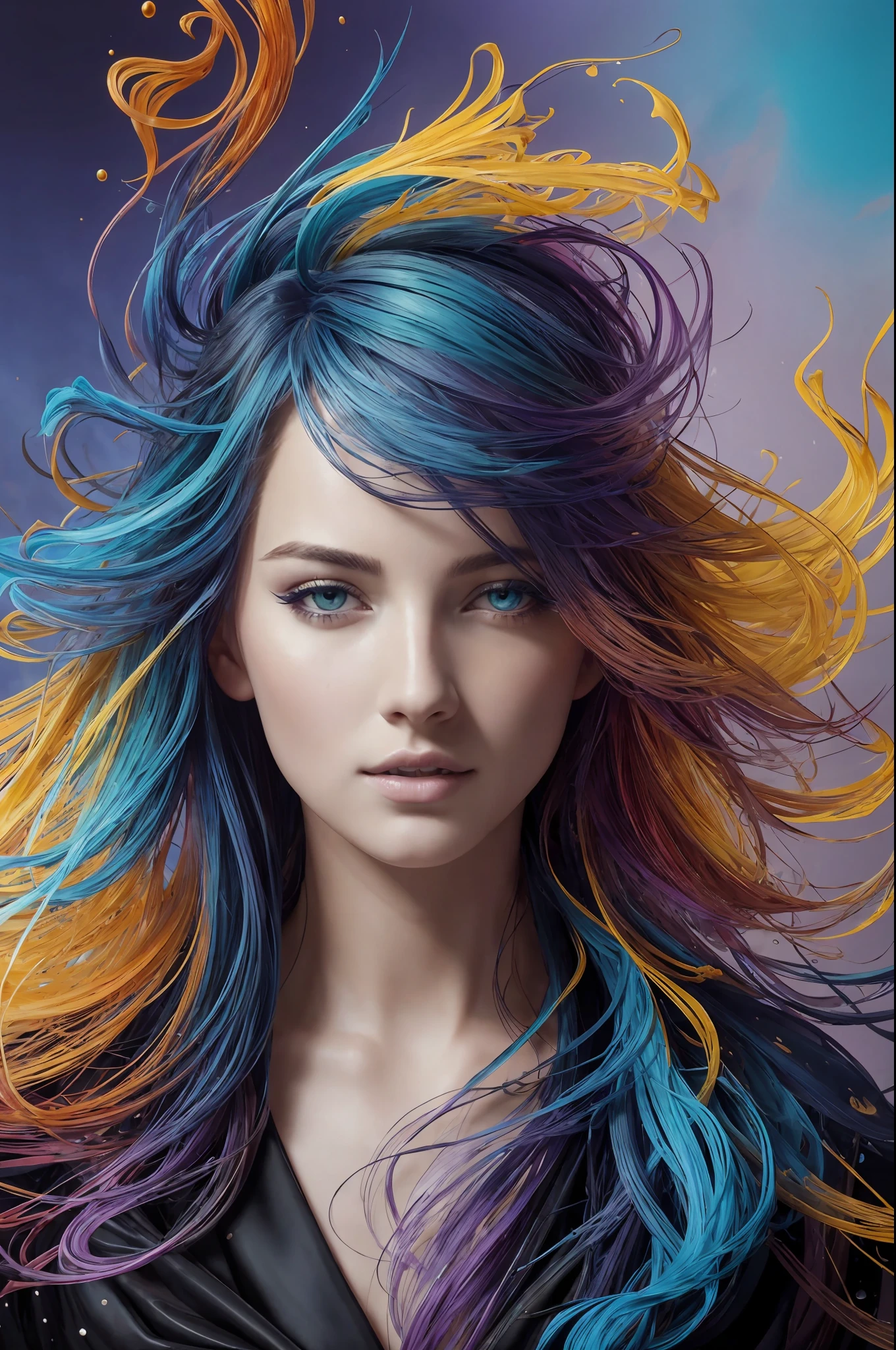 Colorful beautiful girl: a giru 28-years old, green eyes, messy hair, oil painting, nice perfect face with soft skinice perfect face, blue yellow colors, light purple and violet additions, light red additions, intricate detail, splash screen, 8k resolution, masterpiece, cute face,artstation digital painting smooth veryBlack ink flow: 8k resolution photorealistic masterpiece: intricately detailed fluid gouache painting: by Jean Baptiste Mongue: calligraphy: acrylic: watercolor art, professional photography, natural lighting, volumetric lighting maximalist photoillustration: by marton bobzert:, complex, elegant, expansive, fantastical,  wavy hair, vibrant, Best quality details, realistic, High definition, High quality texture, epic lighting, Cinematic film still, 8k, soft lighting, anime style, masterful playing card border, random Colorful art, oil painting, blue yellow colors, light purple and violet additions, light red additions, intricate detail, splash screen, 8k resolution, masterpiece, artstation digital painting smooth veryBlack ink flow: 8k resolution photorealistic masterpiece: intricately detailed fluid gouache painting: by Jean Baptiste Mongue: calligraphy: acrylic: watercolor art, professional photography, natural lighting, volumetric lighting maximalist photoillustration: by marton bobzert:, complex, elegant, expansive, fantastical, vibrant