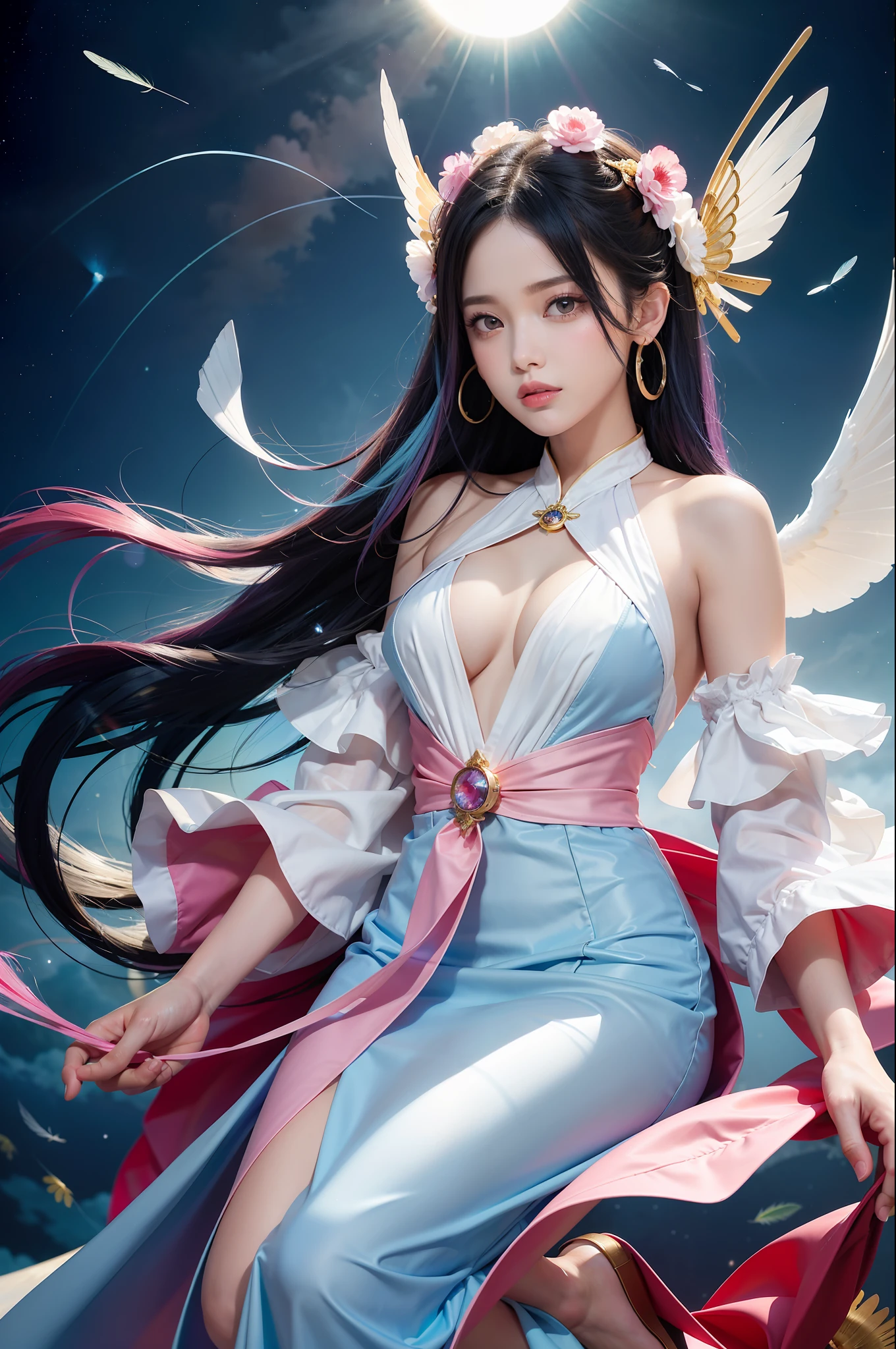(Masterpiece, Top Quality, Best Quality, Extreme Detail, Supreme Detail, Official Art, Beauty and Aesthetics: 1.2), Colorful, Denim Shot, Upper Body Shot, Beautiful Face, Solo, Perfect Body, On Sky Clouds, Flying in the Sky, Portrait of a Girl, Silver Gradient Hair, (Black Hair|Light Blue Hair| Pink hair: 1.2), fairy, flowing streamers, sun rays, clouds, full body, hanfu, Chinese clothes, white dress, water, fireflies, night, starry sky, jewelry, feathers on dresses, peacock feathers, light particles, volumetric lighting, ray tracing (flowing streamers: 1.1), (fantasy novels: 1.2), illuminators, stars, fantasy, high contrast, ink strokes, overexposure, purple and red tone impressions, abstract, (watercolor paintings by John Berkey and Jeremiman)) brush strokes,