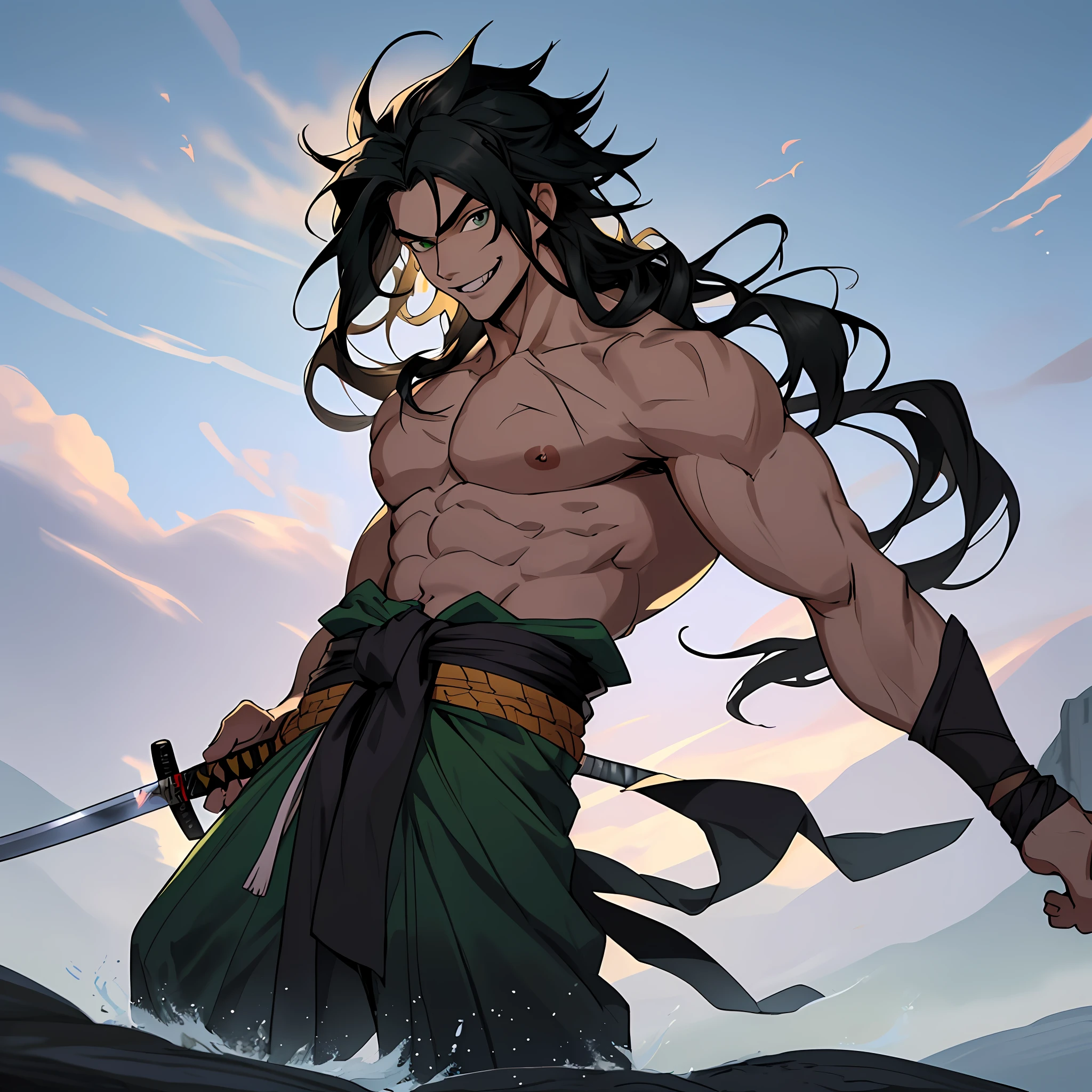 best quality (katana: 1.4), serious,(at night: 1.4), a single young man of 16 years who has his hair in black, long that are loose in the wind, his hair is continuous and poured down his body, straight and shiny, which fall gently to the waist. Your hair is thick and has a healthy appearance, your hair is large and not stuck, contrasting with your fair skin. The young man's eyes are deep and emerald green, intense as two light pearls. They reflect calm and an inquisitive curiosity. He has a big smile on his face and a menacing look. With his upright posture, the young man shows a confident bearing and a cheerful and hyperactive aura. He is shirtless and underneath wears the underside of a brown, black and light green kimono with details with printed grey clouds, with a large yellow ribbon at his waist, sleeveless, made of a quality fabric. giving him the look of a swordsman. At his waist, he carries a white katana with gray details on the blade. The long, sharp blade is made of polished steel, reflecting light. The katana grip is wrapped in black leather, offering a firm and secure grip. The scabbard of the sword adorned with demonic symbols. He's on a rocky mountain feeling the wind. He has a scar in one eye, which blinded him. He has a cheerful face. The trees sway in the background. Kimetsu no Yaiba style, alone, 1boy, a little muscular, demon slayer style, loose hair, petulant look, smiling, confident, only 1, spilled hair, loose and big hair, demon slayer artstyle, full body