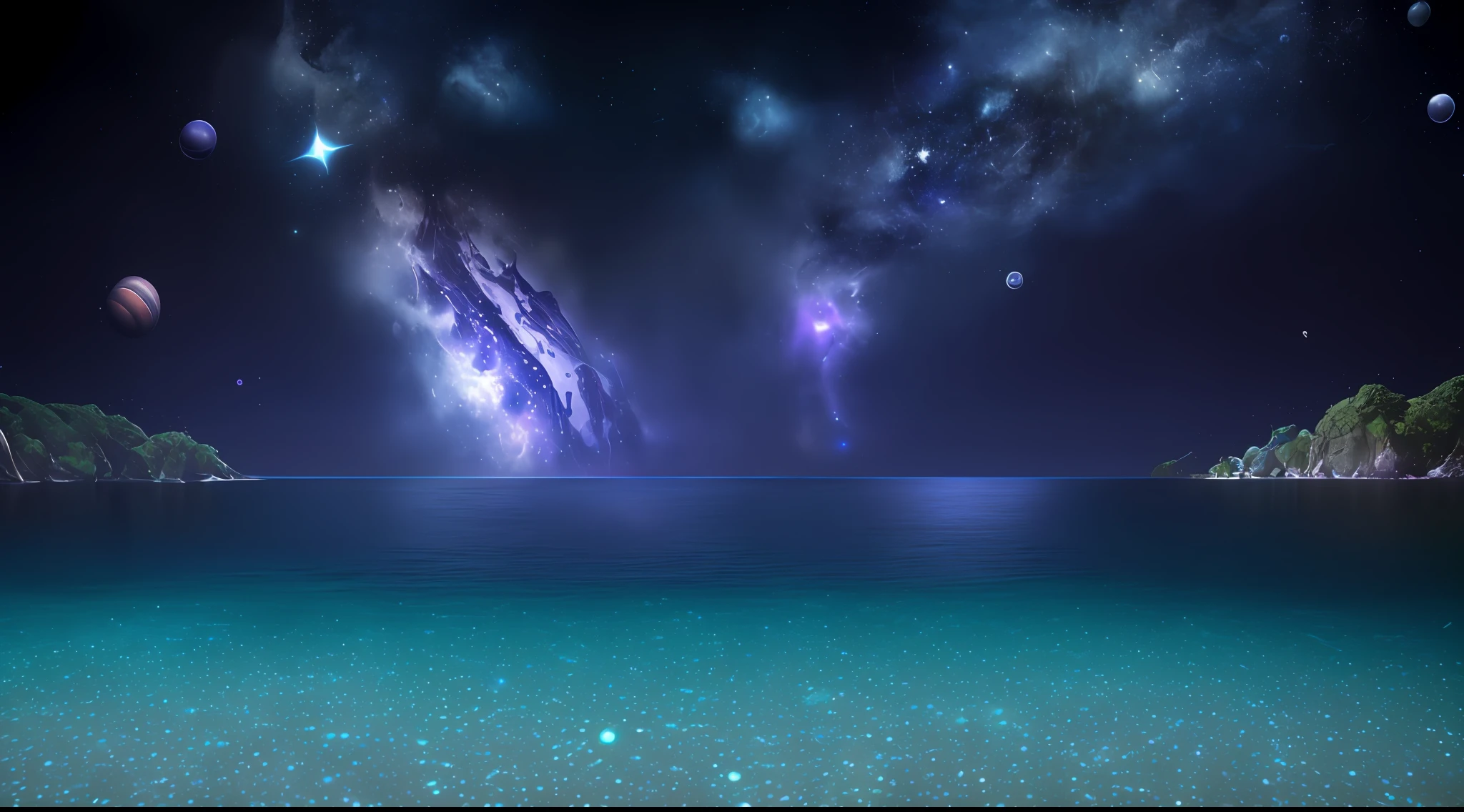 smooth rolling waves of (blue ocean) on alien planet, beautiful transparent water, night, gigantic fish jumps from the waves, blotches of irridescent plankton in water, glittering shiny water spray, background is deep purple sky dotted with stars, unknown constellations in the sky, (A multiple bright moons and planets in the sky:1.5), glowing horizon, fascinating view, masterpiece, best quality, detailed 4k wallpaper, award winning art, Bokeh, Depth of Field, HDR, bloom, Chromatic Aberration, extremely detailed, trending on artstation, trending on CGsociety, dramatic