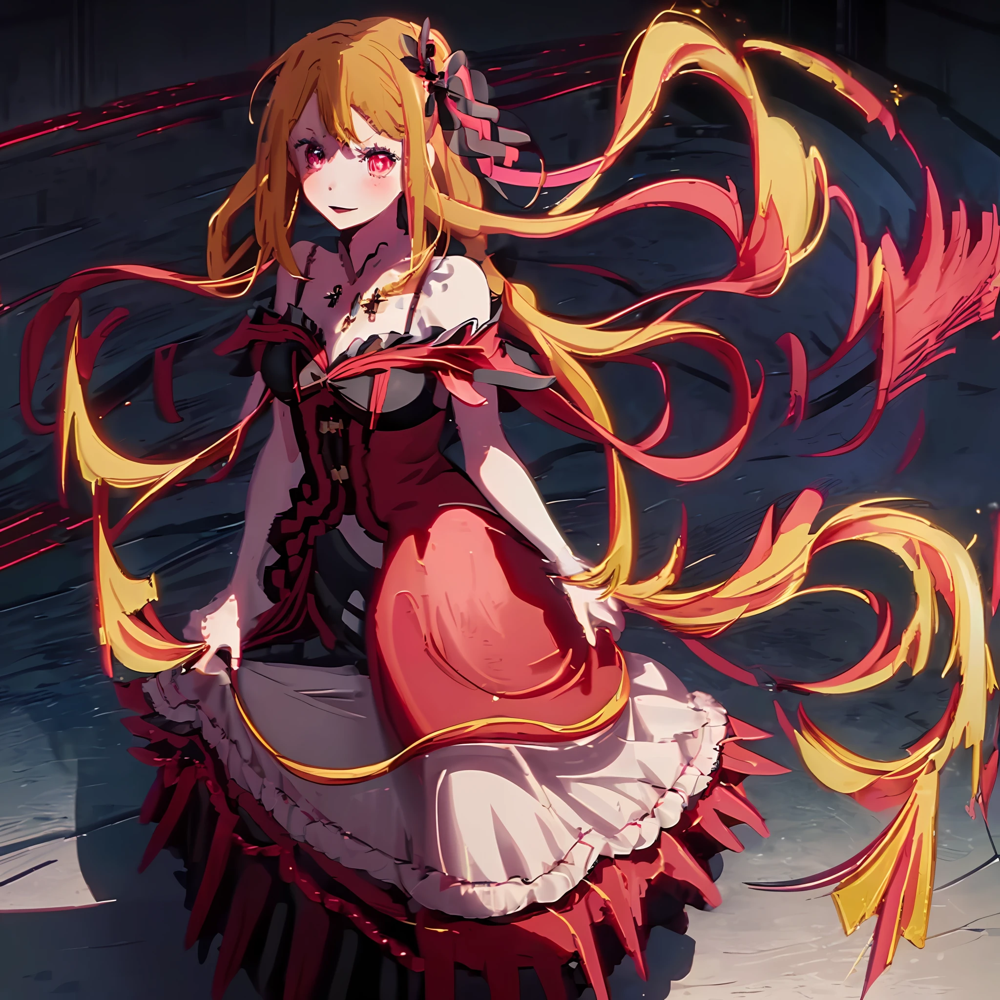 1girl, solo, castle, throne room, light hearted, red dress, red and black dress, frills, bare shoulders, long blonde hair, long hair, pink eyes, Star eyes, black hair ribbon, hair ribbon, medium breasts, happy expression, standing up, long dress