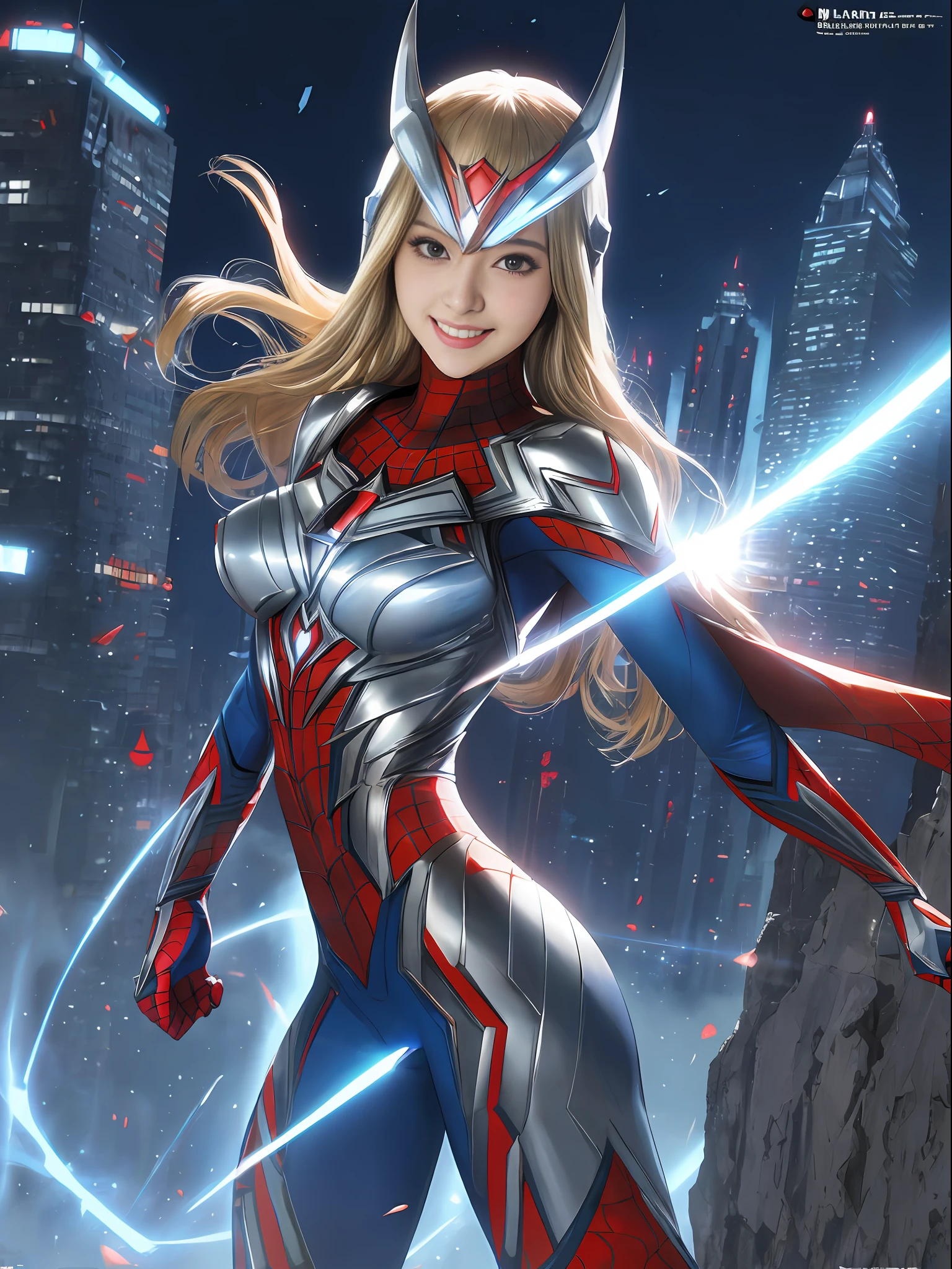 Ultraman, Mortal Kombat, anime style, (Max quality: Sharpness:resolution:detailed) full body shot, (1 female:giant:Ultraman:Spider-Man:Batman, extremely exhibitionist)/(solo),big breasts, long blonde hair lizo: in front of the eye: moving in the wind, (facing the viewer), (circular jewel on the chest with strong blue light), helmet: mask of Ultraman, staring at the viewer, smiling, she is in a futuristic city being attacked by aliens.