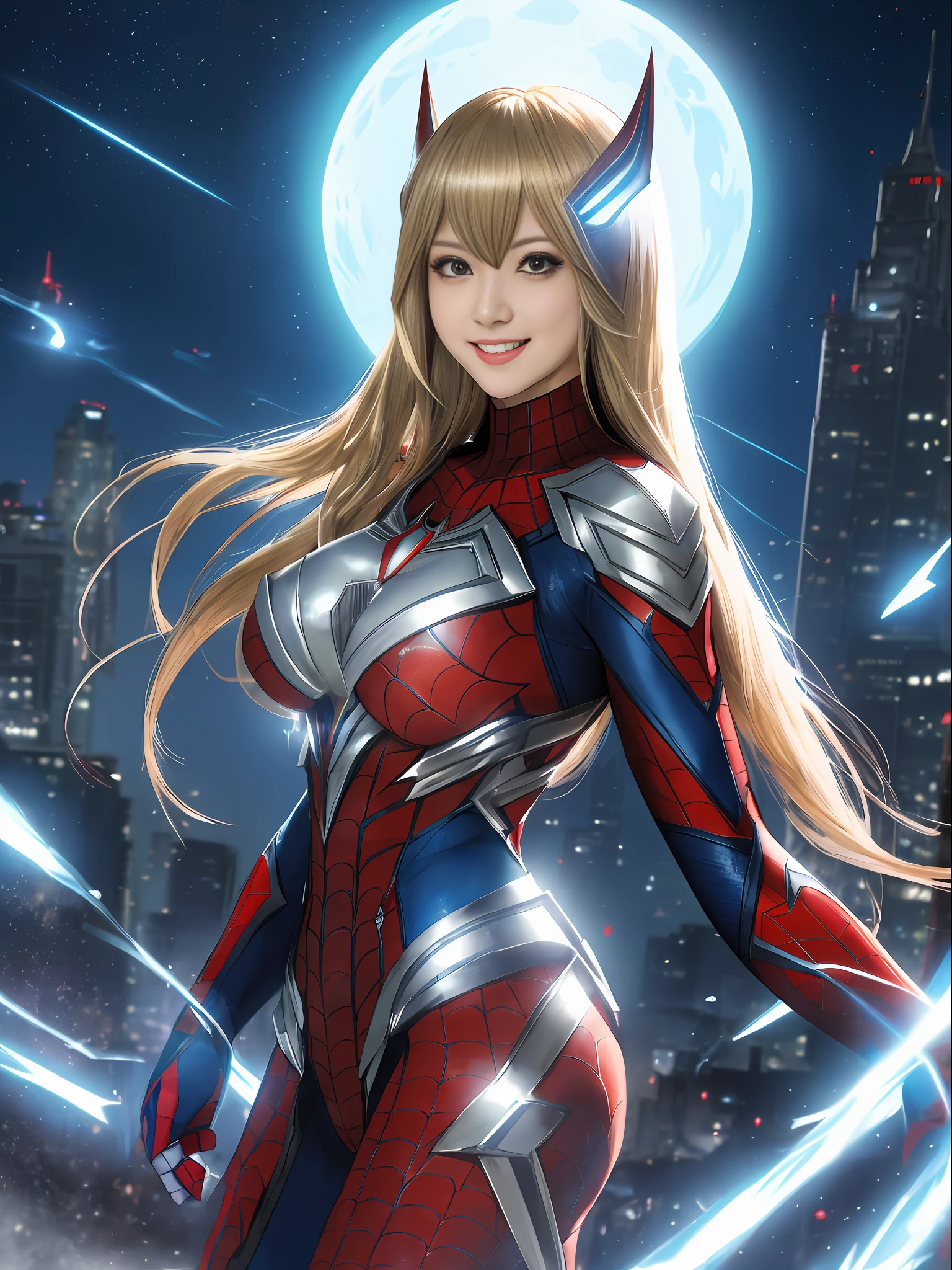 Ultraman, Mortal Kombat, anime style, (Max quality: Sharpness:resolution:detailed) full body shot, (1 female:giant:Ultraman:Spider-Man:Batman, extremely exhibitionist)/(solo),big breasts, long blonde hair lizo: in front of the eye: moving in the wind, (facing the viewer), (circular jewel on the chest with strong blue light), helmet: mask of Ultraman, staring at the viewer, smiling, she is in a futuristic city being attacked by aliens.