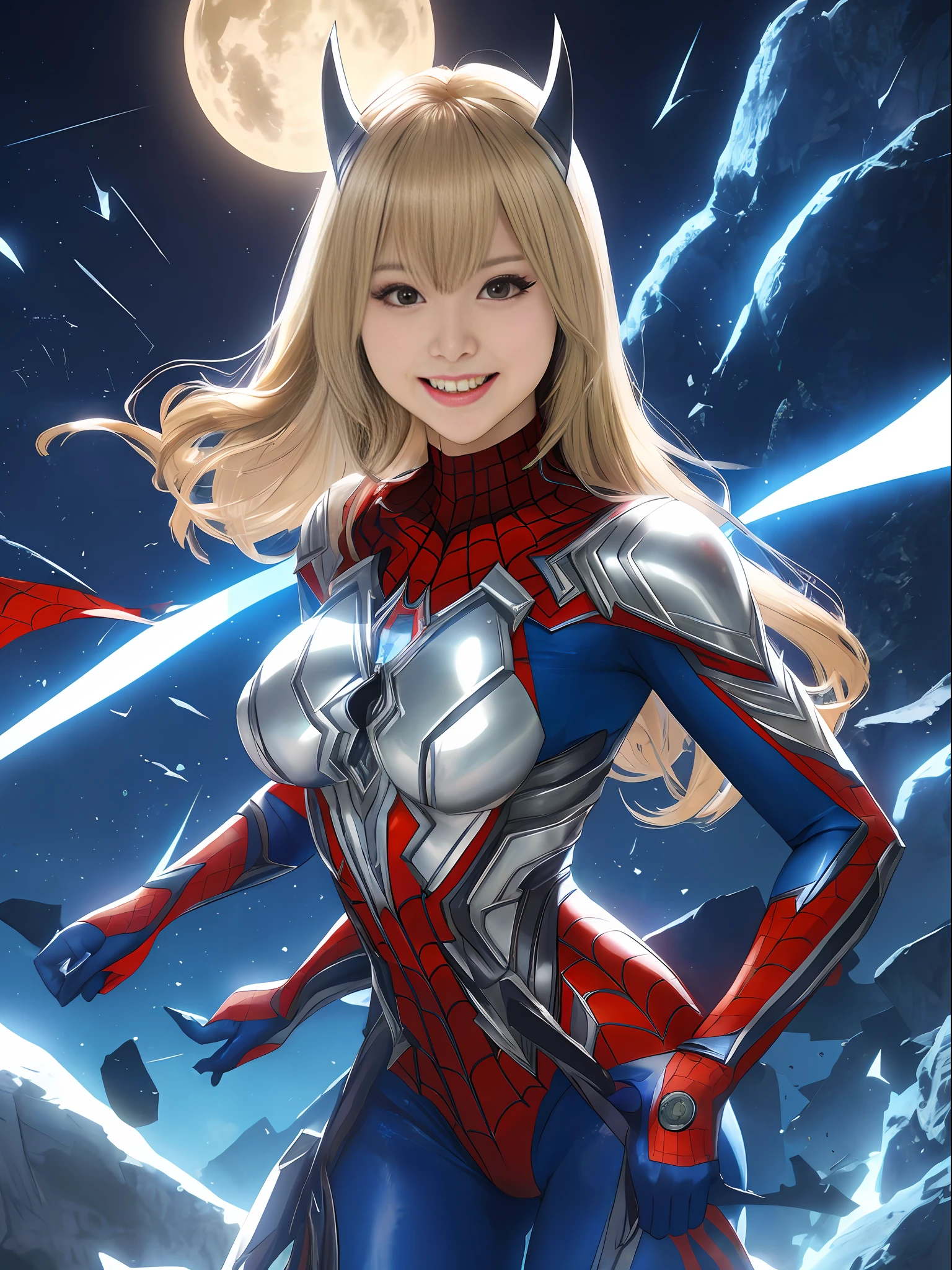 Ultraman, Mortal Kombat, anime style, (Max quality: Sharpness:resolution:detailed) full body shot, (1 female:giant:Ultraman:Spider-Man:Batman, extremely exhibitionist)/(solo),big breasts, long blonde hair lizo: in front of the eye: moving in the wind, (facing the viewer), (circular jewel on the chest with strong blue light), helmet: mask of Ultraman, staring at the viewer, smiling, she is in a futuristic city being attacked by aliens.