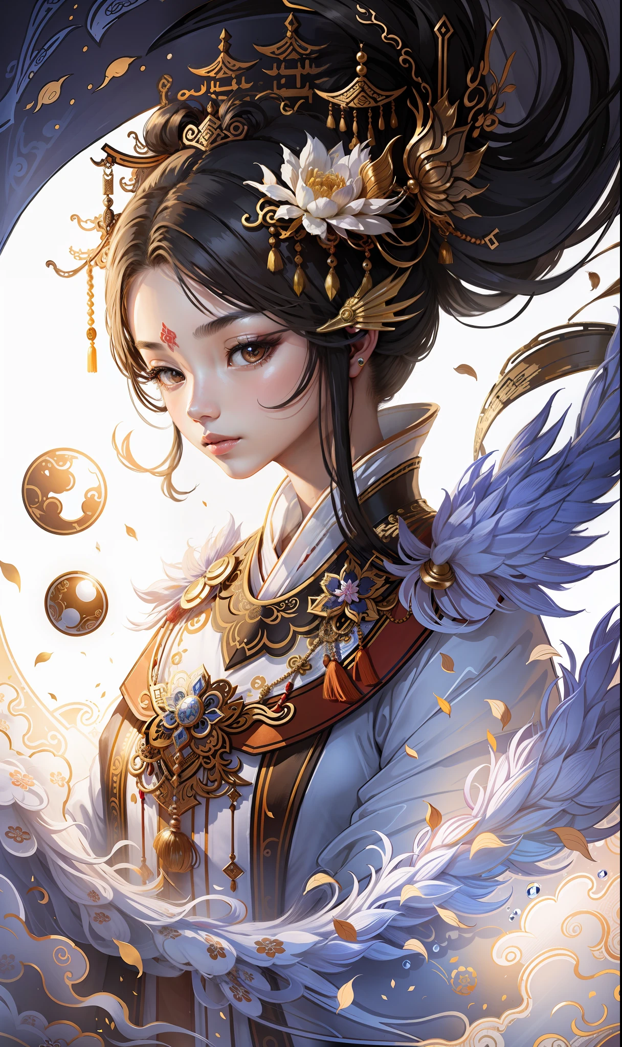 A girl, ancient Chinese costume, sunshine, clear face, clean white background, masterpiece, super detail, epic composition, ultra HD, high quality, extremely detailed, official art, uniform 8k wallpaper, super detail, 32k -- v 6