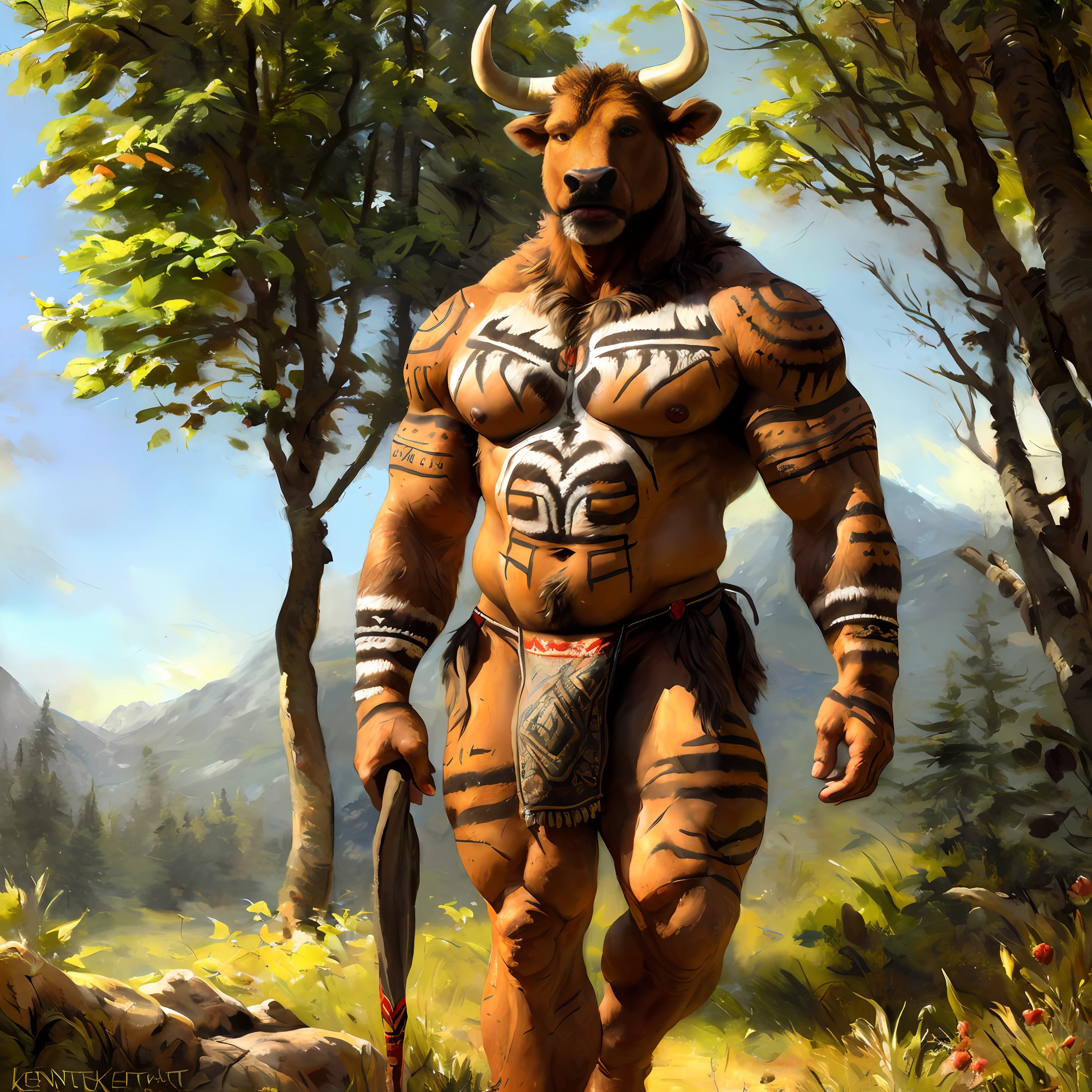 Soil, full height, den (orange bull), curved bovine horns, male, middle-aged, gray beard, daddy, torn muscles, muscular, abdominals, bodybuilder construction, virile, (embroidered thong:1.2), correct anatomy, (realistic skin,:1.4), detailed background, nature background, forest, photorealistic, hyper-realistic, ultra-detailed, (masterpiece:1.3), (correct hands), natural lighting, (by Kenket), (correct eyes:1.5), walking