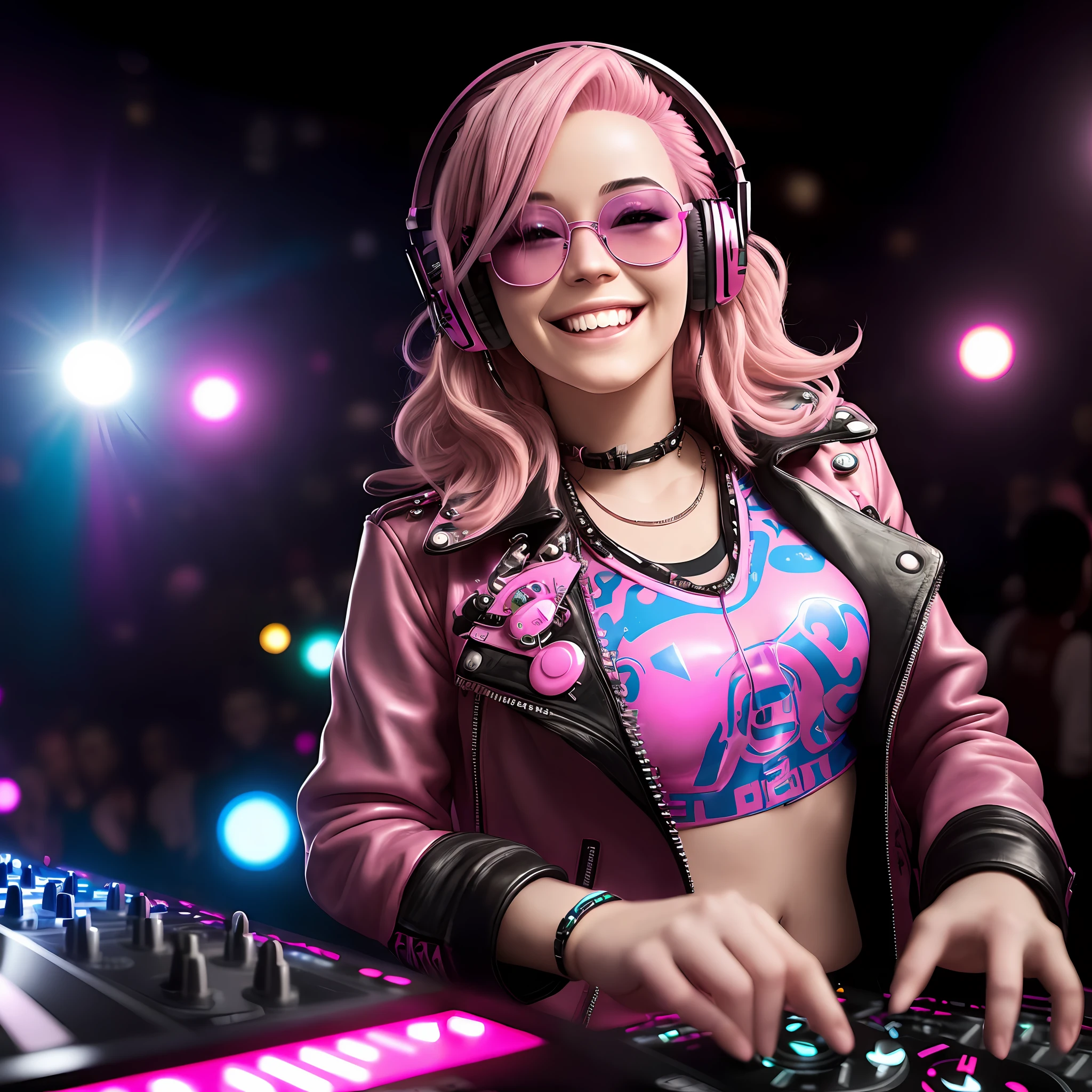 beautiful (smiling:1), woman DJ, with (pink hair:1.1) wearing (headphones:1.1) and sunglasses and a leather jacket, deejaying with turntables while dancing, colorful disco lights, (skindentation:1.2),(perfect photorealistic face:1.3), (hyper-realistic:1.2), rule of thirds golden ratio, cinematic, absurdres