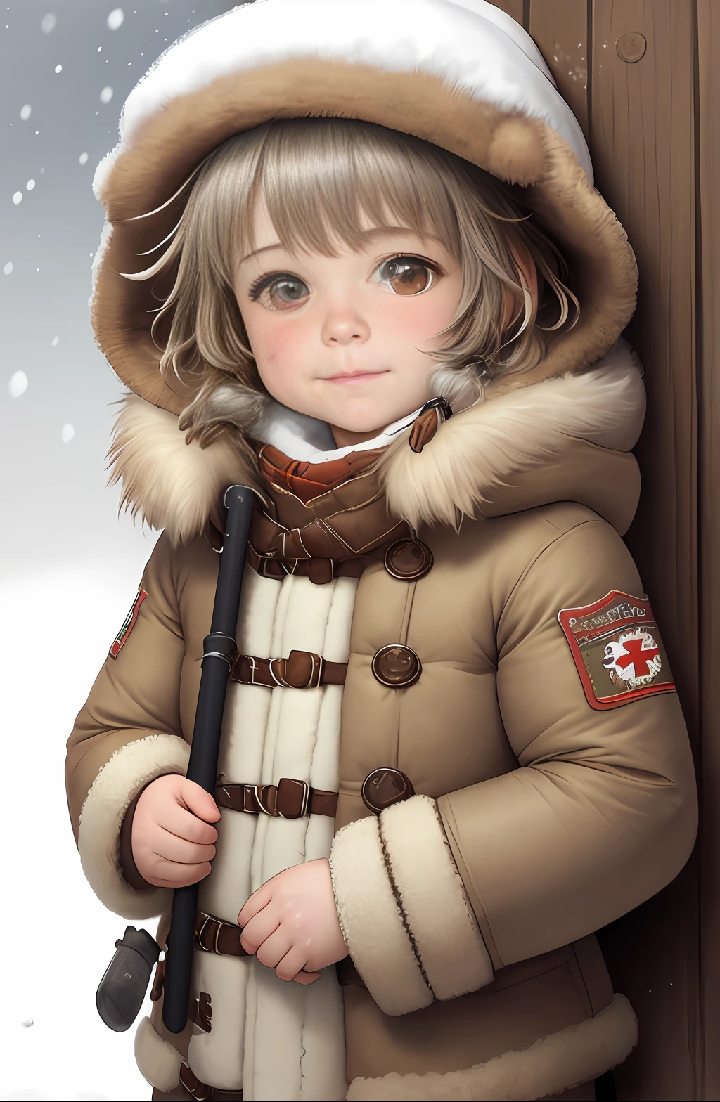 Painting by Jean - Baptiste Monge depicting a small shaggy geobemist kyusova, dressed in a warm coat with rescue equipment on a winter day with snow, , Jean-Baptiste Monge, anthropomorphic --ar 2:3 --testp -optimistic;