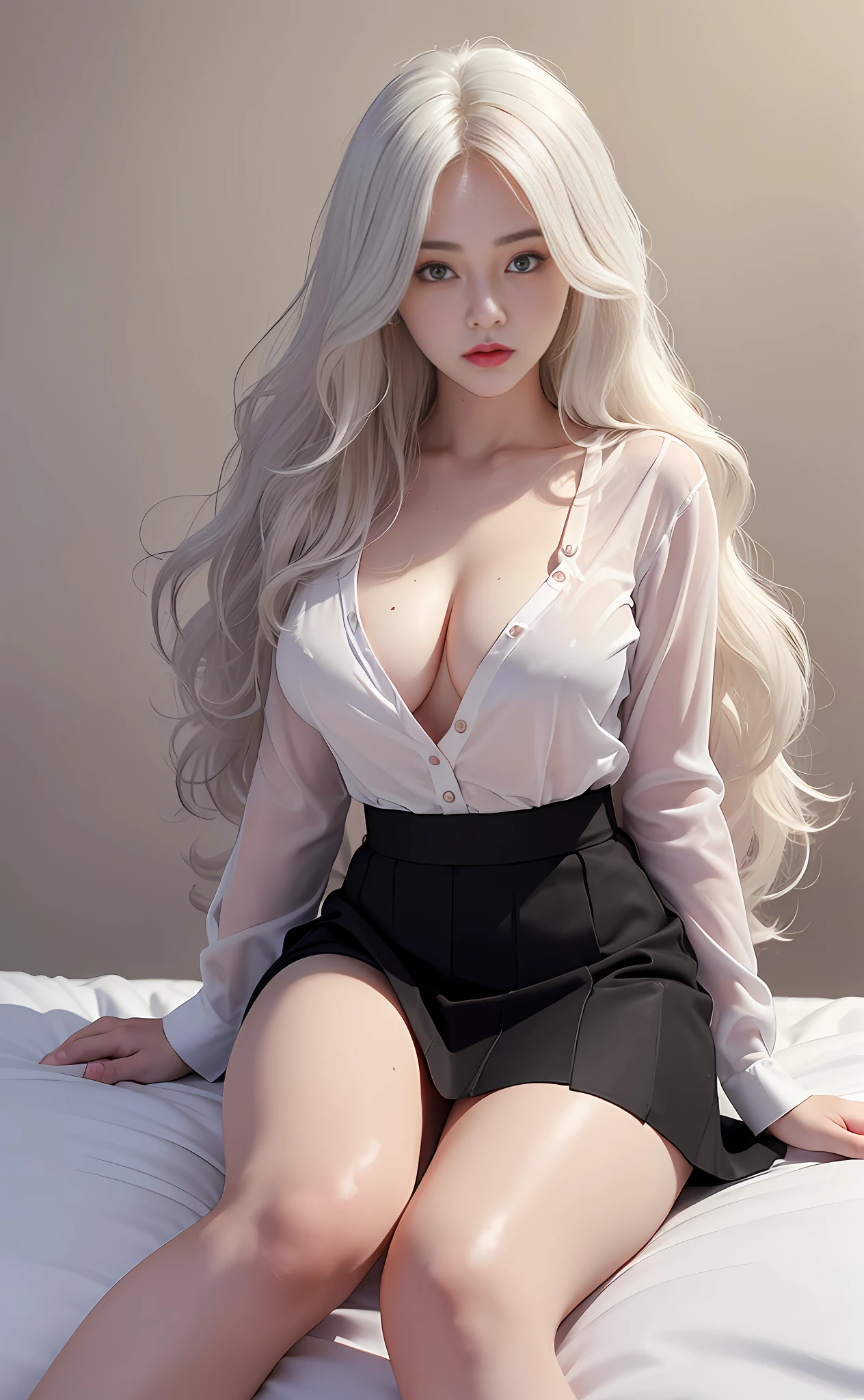 (Masterpiece, realistic, high resolution), (1 girl): 1.2), Korean, full body photo, ((white wavy hair): 1.3), (heterochromic eyes: 1.1, thick eyebrows, small moles under the eyes), (transparent shirt, black hip skirt), ((big breasts): 1.2, long legs), in bed