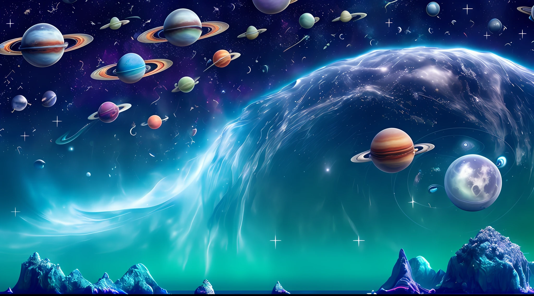 smooth rolling waves of (blue ocean) on alien planet, beautiful transparent water, night, gigantic fish jumps from the waves, blotches of irridescent plankton in water, glittering shiny water spray, background is deep purple sky dotted with stars, unknown constellations in the sky, (A multiple bright moons and planets in the sky:1.5), glowing horizon, fascinating view, masterpiece, best quality, detailed 4k wallpaper, award winning art, Bokeh, Depth of Field, HDR, bloom, Chromatic Aberration, extremely detailed, trending on artstation, trending on CGsociety, dramatic