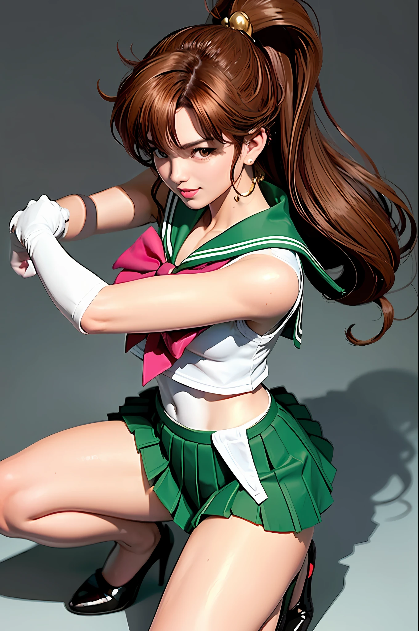 masterpiece,high resolution,realistic,high detail RAW color photo,wallpaper,korean girl,solo,slender,slim,slender legs,smile,sailor jupiter,sailor senshi uniform,kino makoto,green sailor collar,skirt,bow,green skirt,pink bow,gloves,brown hair,elbow gloves,pleated skirt,hair ornament,high heels,hair bobbles,jewelry,earrings,(japan Street,tokyo),(close up:1.2),(grainy textures:0.6),Abdominal muscles,fighting pose,1girl, solo,