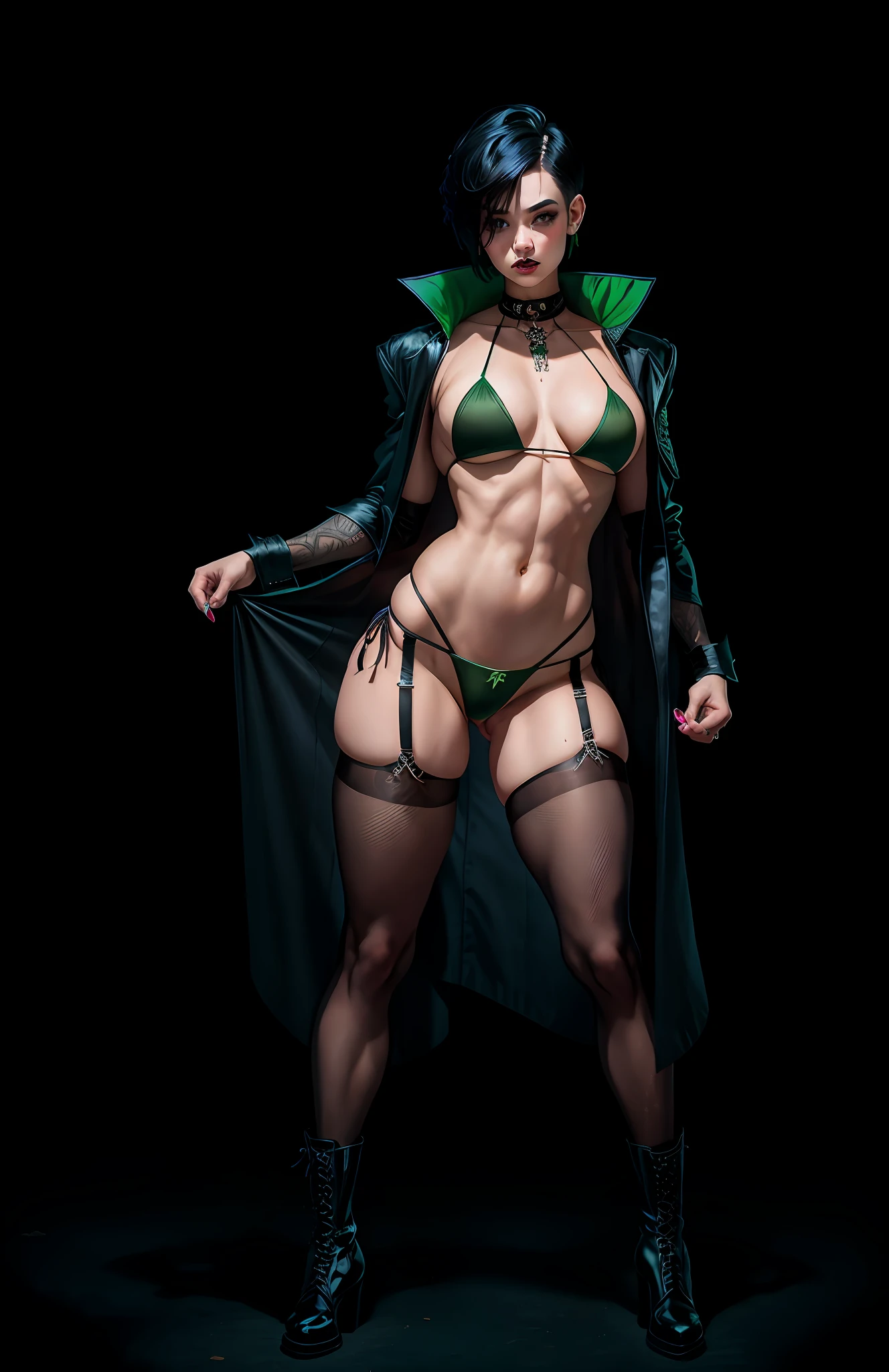 a goth girl, pretty face, serious face, short hair, green eyes, perfect body, fit body, muscular abdomen, big breasts, muscular, small black thong, fishnets stockings, extra small bikini, full body, combat boots. robe