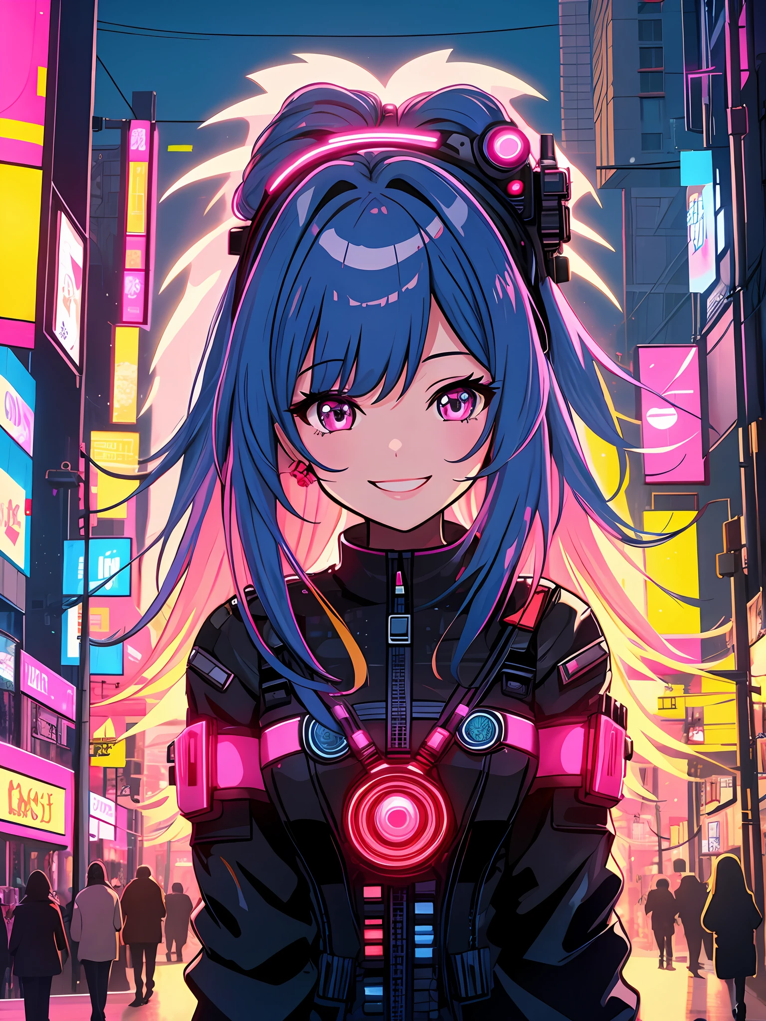 masterpiece, best quality, 1girl, solo, night, colorful, cityscape, cyberpunk, light smile, city pop, vector illustration