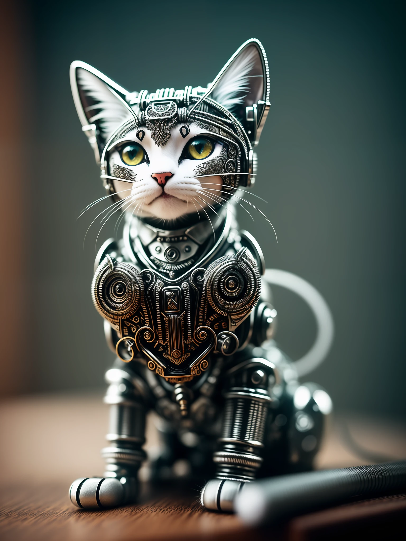 a cute kitten made out of metal, (cyborg:1.1), ([tail | detailed wire]:1.3), (intricate details), hdr, (intricate details, hyperdetailed:1.2), cinematic shot, vignette, centered