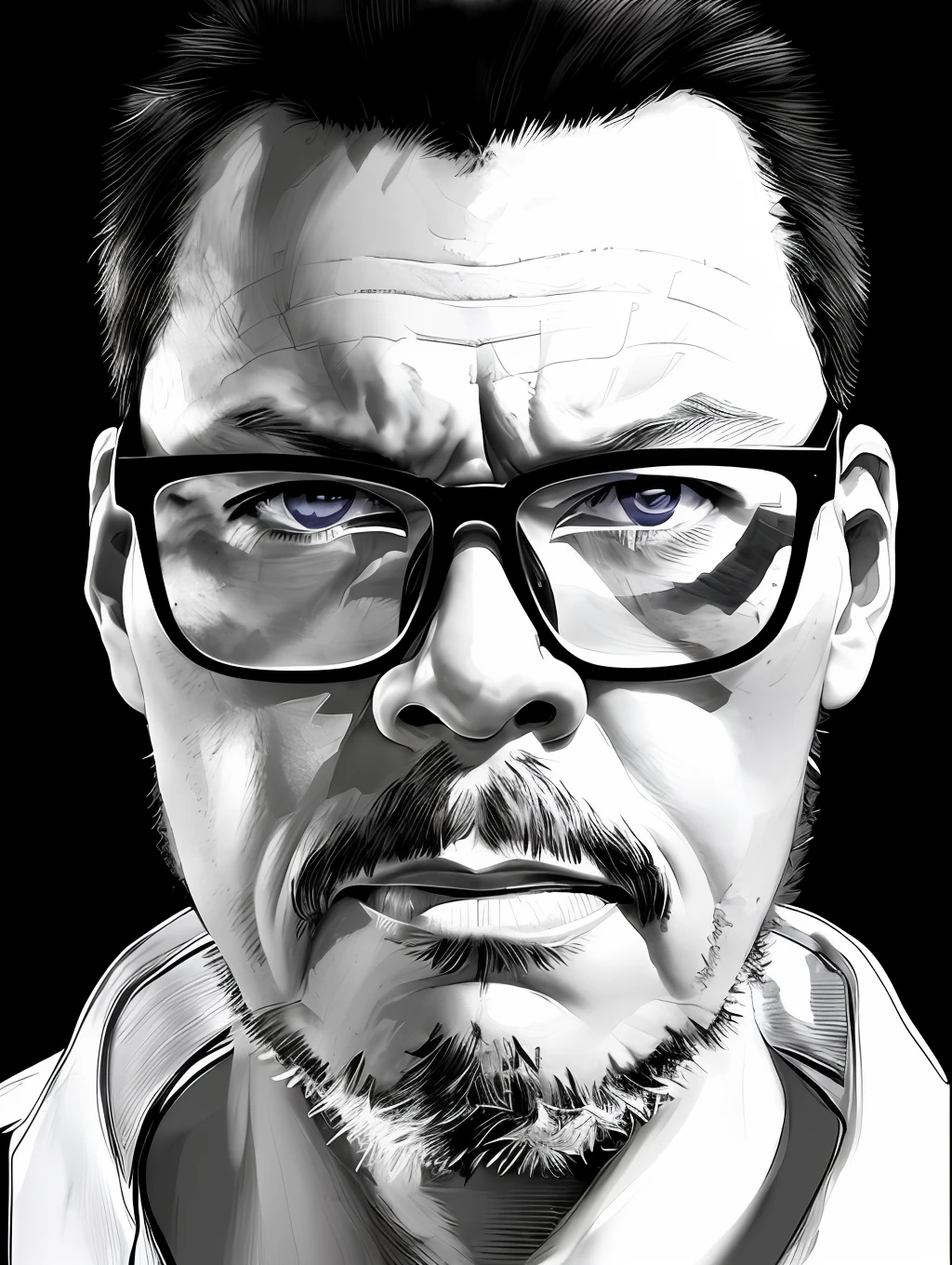 guttonerdvision3, Drawing of a man with glasses, black and white, concept art, artstation, trend, highly detailed, smooth, focus, art by yoji shinkawa, monochrome, technique (((Split Light)))