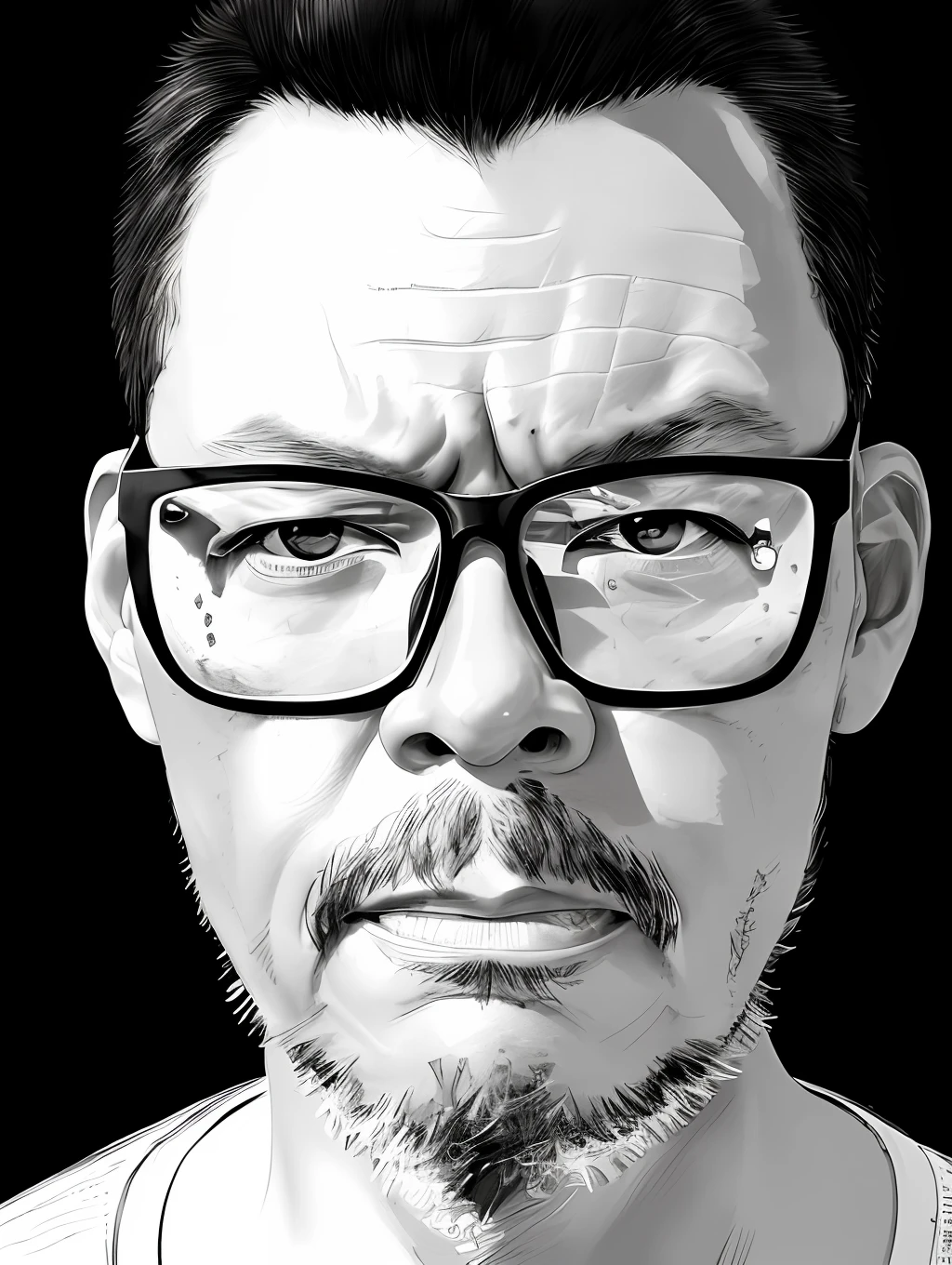 guttonerdvision3, Drawing of a man with glasses, black and white, concept art, artstation, trend, highly detailed, smooth, focus, art by yoji shinkawa, monochrome, technique (((Split Light)))