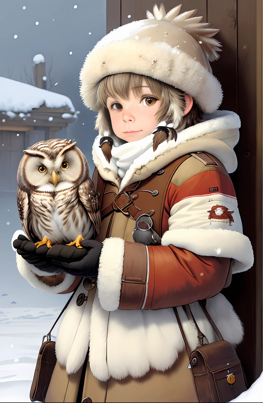 Painting by Jean-Baptiste Monge depicting a small shaggy lazy owl dressed in a warm coat with rescue equipment on a winter day with snow, Jean-Baptiste Monge, anthropomorphic --ar 2:3 --testp -optimistic;