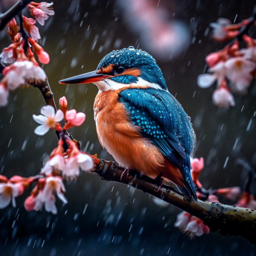 Superb Kingfisher Near White Cherry Blossoms on Branches, Dark, Dawn, (Cold Morning: 1.1), (Morning Dew: 1.15), Realistic Photography, (Low Photo: 1.2), Detail, 8K, Intricate Folded Feathers, Water Droplets on Feathers, (to8contrast style), (MIST: 0.7), Bright Colors, Sony a6600 Mirrorless Camera, embellish2