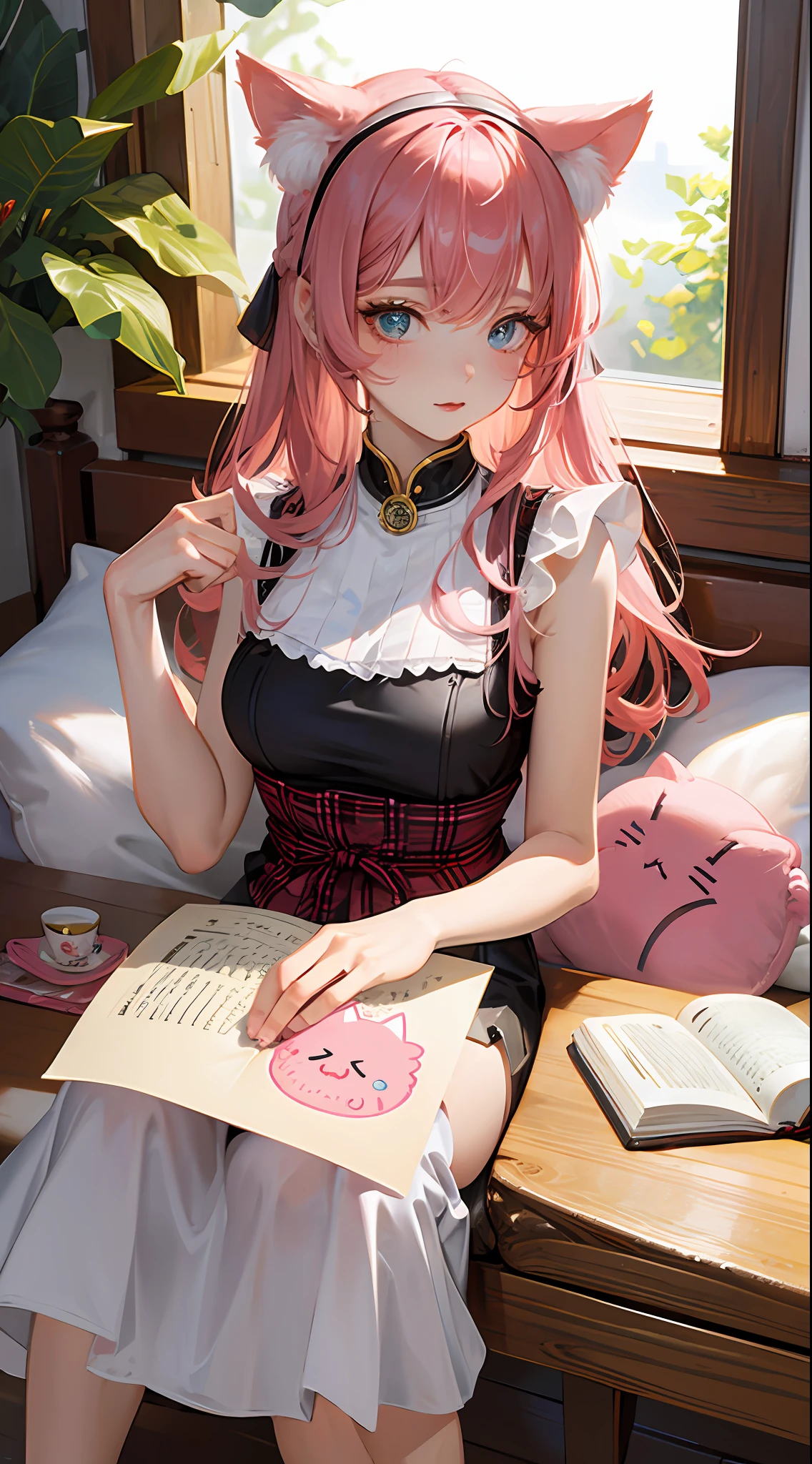 Masterpiece, best quality, super detailed, illustration, (1 girl), beautiful meticulous eyes, looking at the viewer, close-up, (breast focus), pink hair, shyness, cat ears, sitting on the ground, shyness, binding